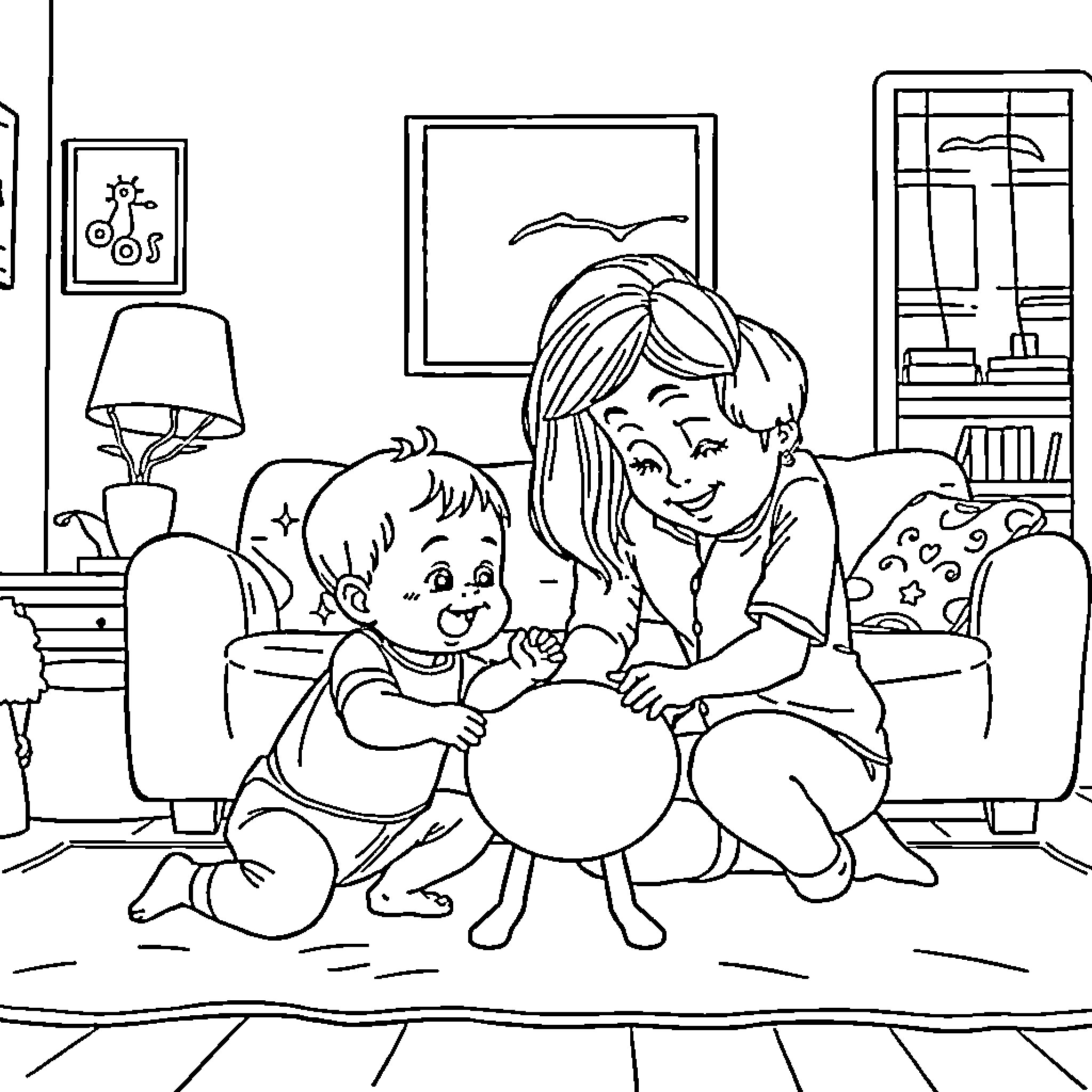 Brother and sister playing joyfully in the living room Coloring Page (free black-and-white line drawing printable PDF for all, from beginners to advanced learners, including children, teens, adults, and seniors)