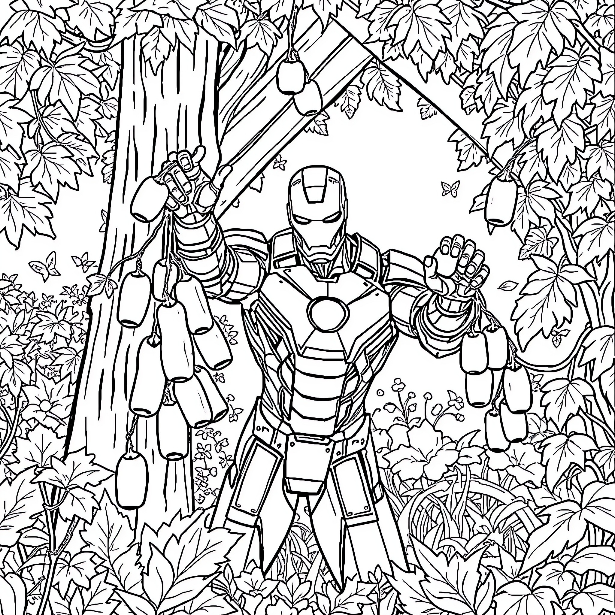 Ironman in action amidst lush foliage Coloring Page (free black-and-white line drawing printable PDF for all, from beginners to advanced learners, including children, teens, adults, and seniors)