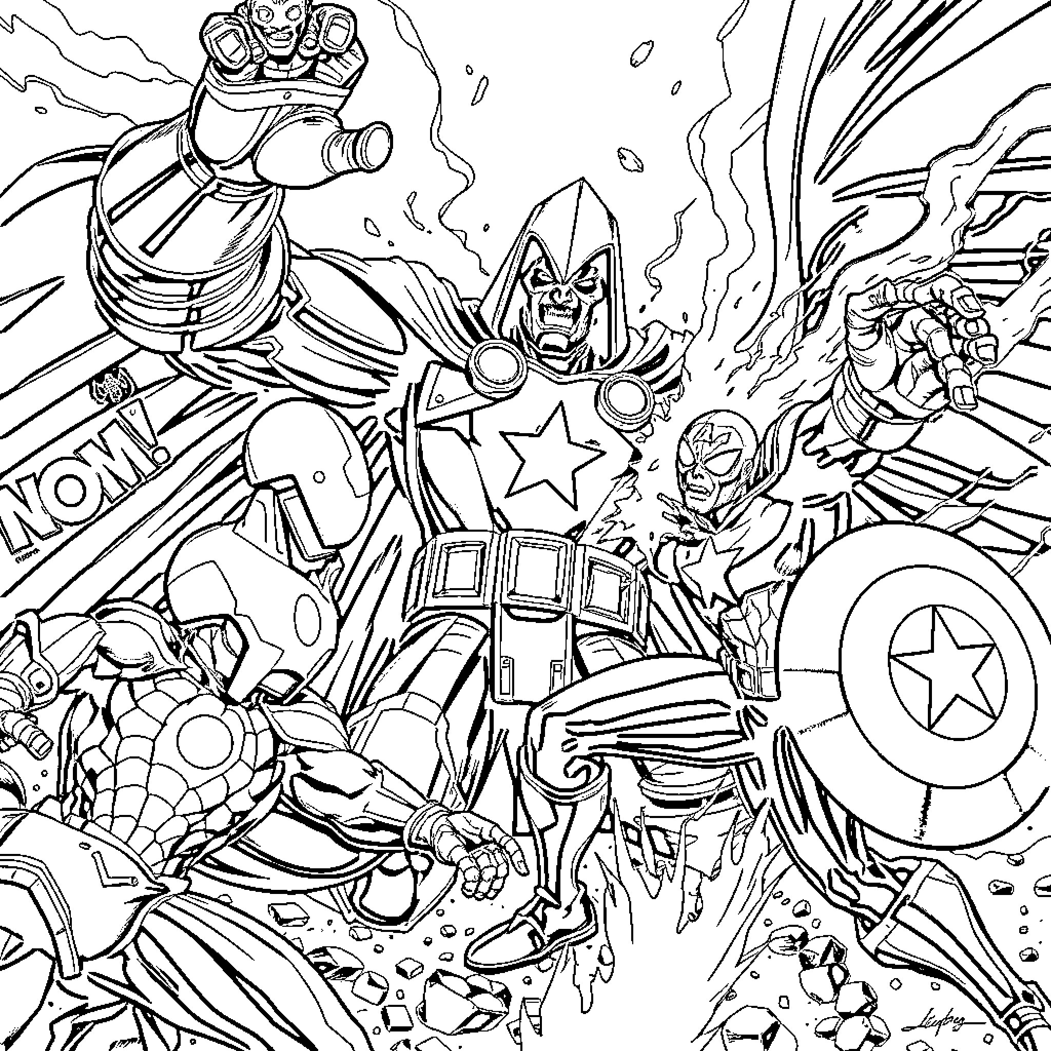 Hero superheroes in epic battle Coloring Page (free black-and-white line drawing printable PDF for all, from beginners to advanced learners, including children, teens, adults, and seniors)
