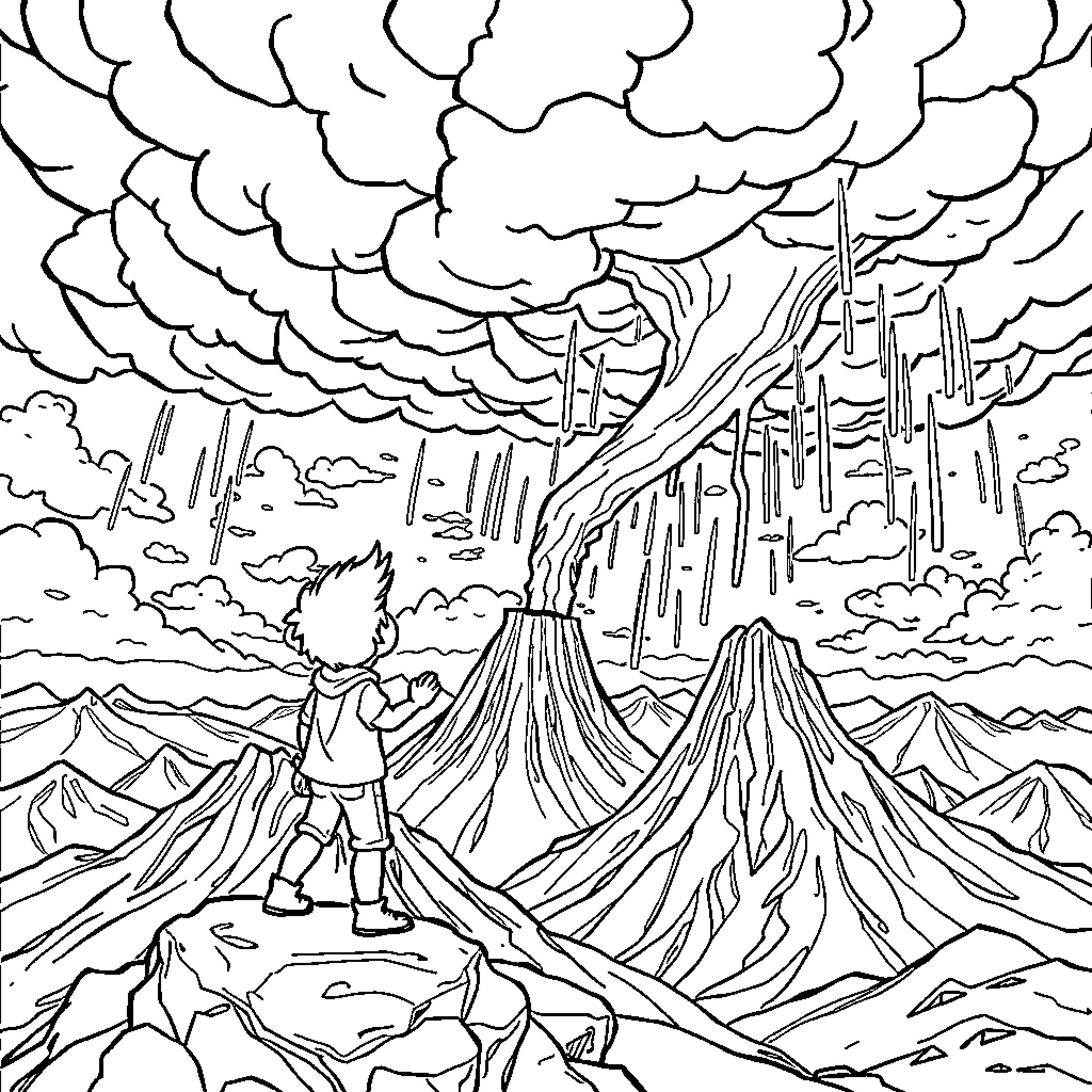 Soni's adventure in a fantastical landscape Coloring Page (free black-and-white line drawing printable PDF for all, from beginners to advanced learners, including children, teens, adults, and seniors)