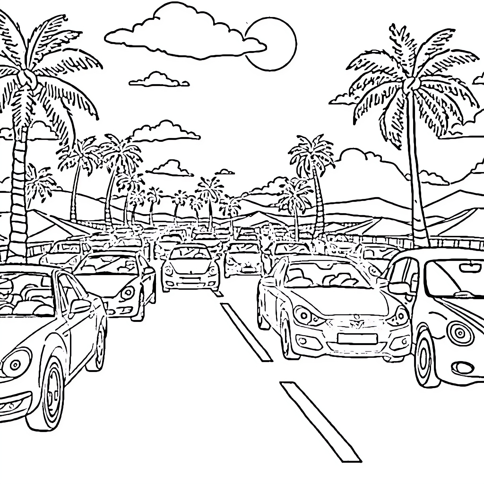 Cars driving on a tropical beach road Coloring Page (free black-and-white line drawing printable PDF for all, from beginners to advanced learners, including children, teens, adults, and seniors)
