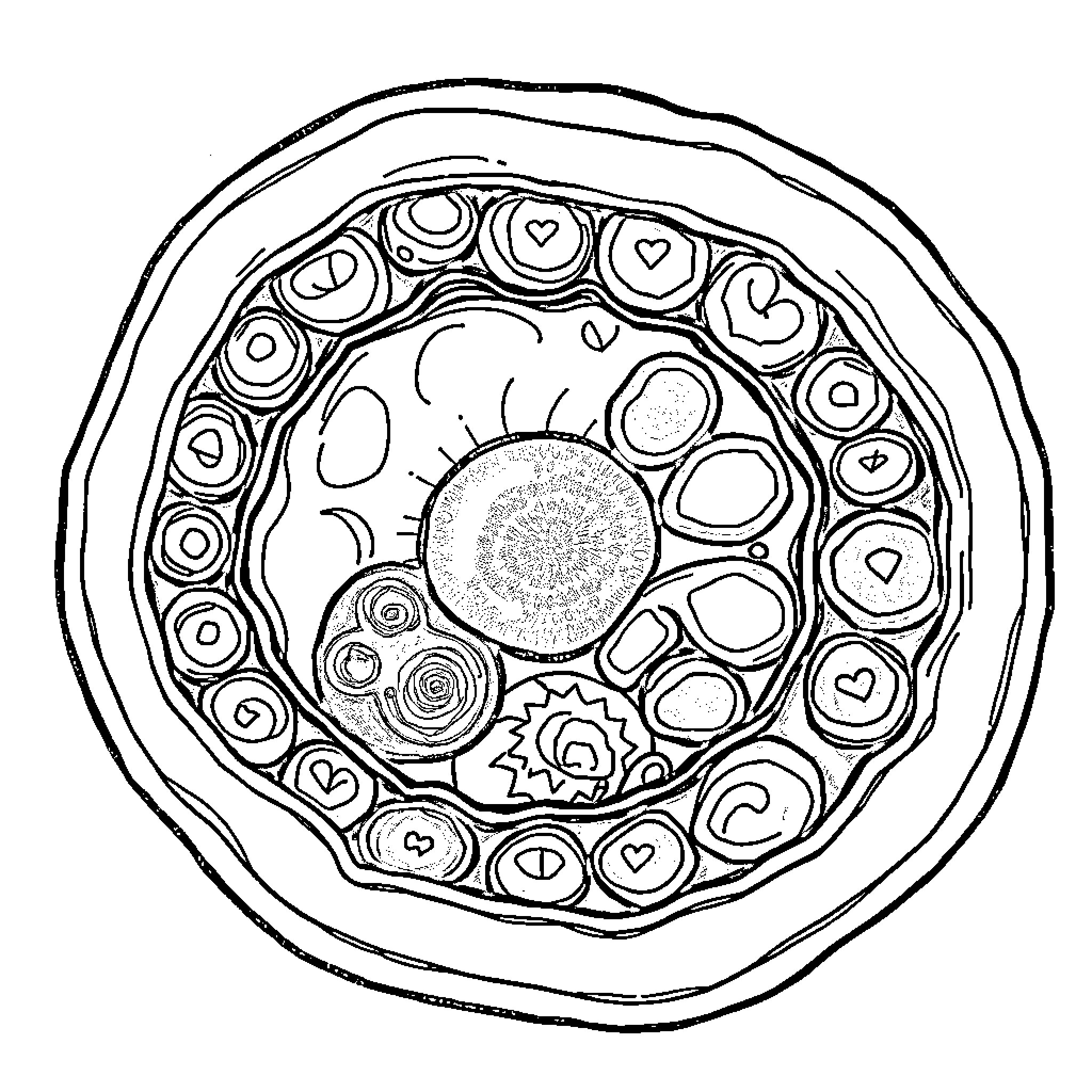 Animal Cell with Intricate Patterns and Structures Coloring Page (free black-and-white line drawing printable PDF for all, from beginners to advanced learners, including children, teens, adults, and seniors)