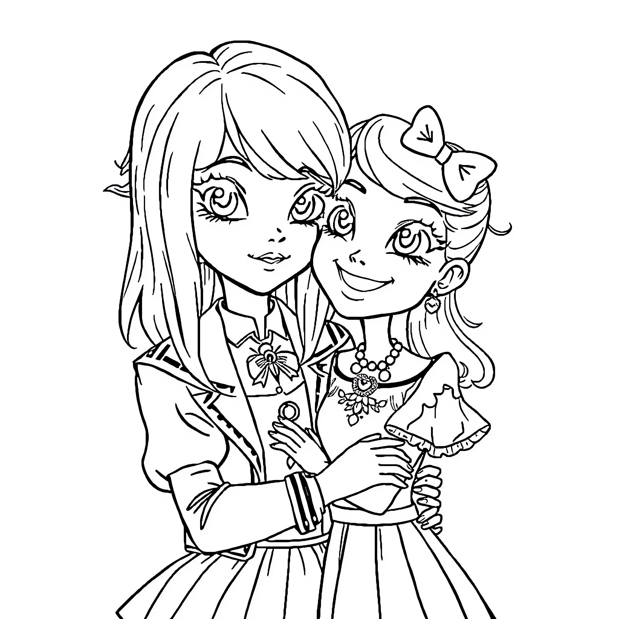 Girl friends in casual clothing sharing a friendly moment Coloring Page (free black-and-white line drawing printable PDF for all, from beginners to advanced learners, including children, teens, adults, and seniors)