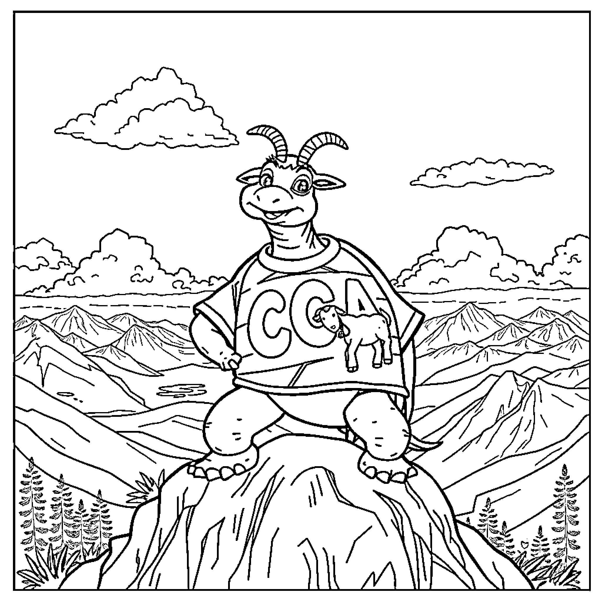 Tortoise posing proudly atop a mountainous landscape Coloring Page (free black-and-white line drawing printable PDF for all, from beginners to advanced learners, including children, teens, adults, and seniors)