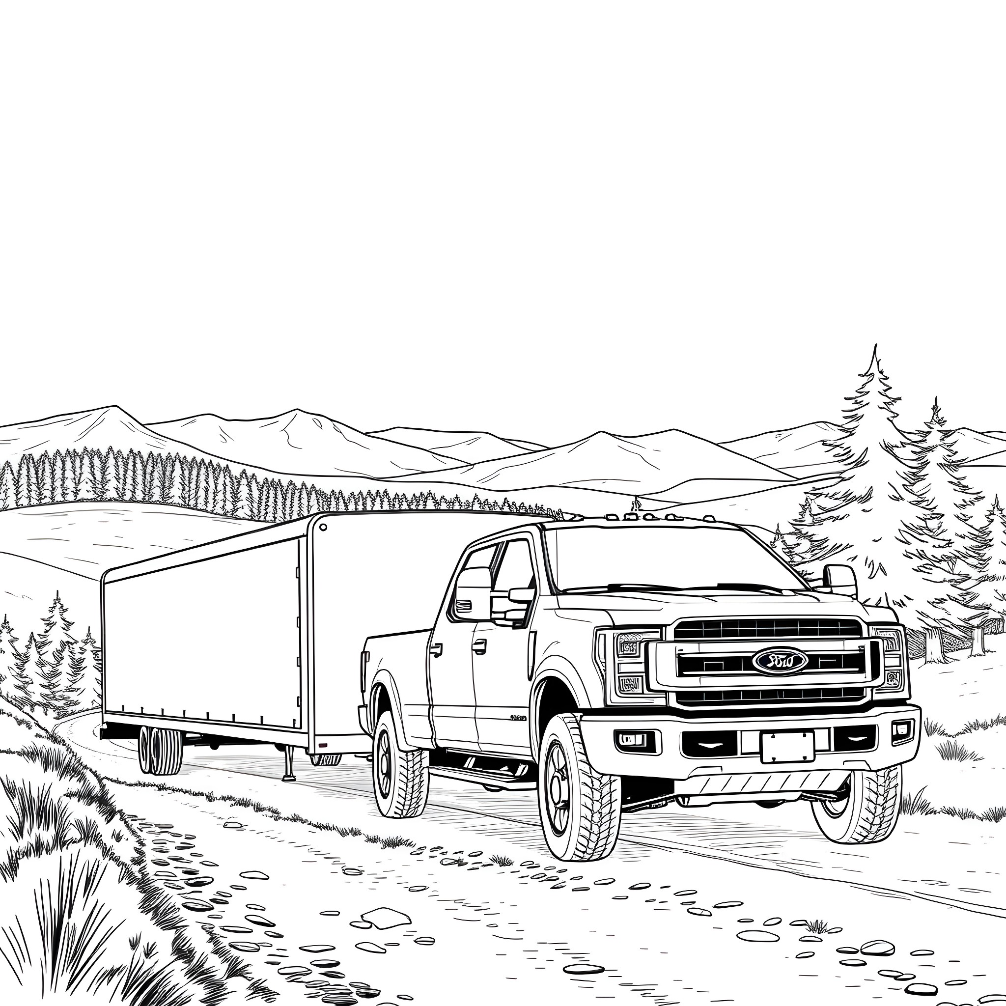 Pickup truck with trailer traveling on mountain road Coloring Page (free black-and-white line drawing printable PDF for all, from beginners to advanced learners, including children, teens, adults, and seniors)