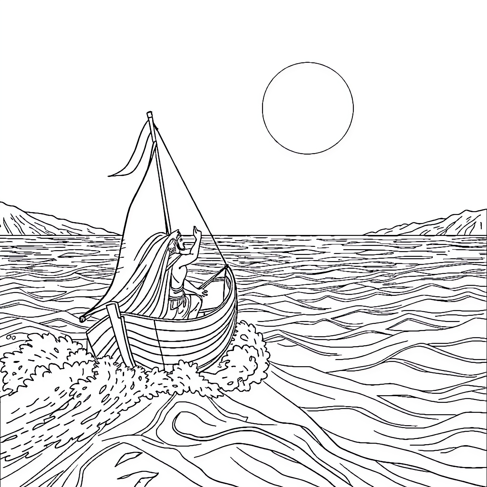 Odysseus Sailing the Seas Coloring Page (free black-and-white line drawing printable PDF for all, from beginners to advanced learners, including children, teens, adults, and seniors)