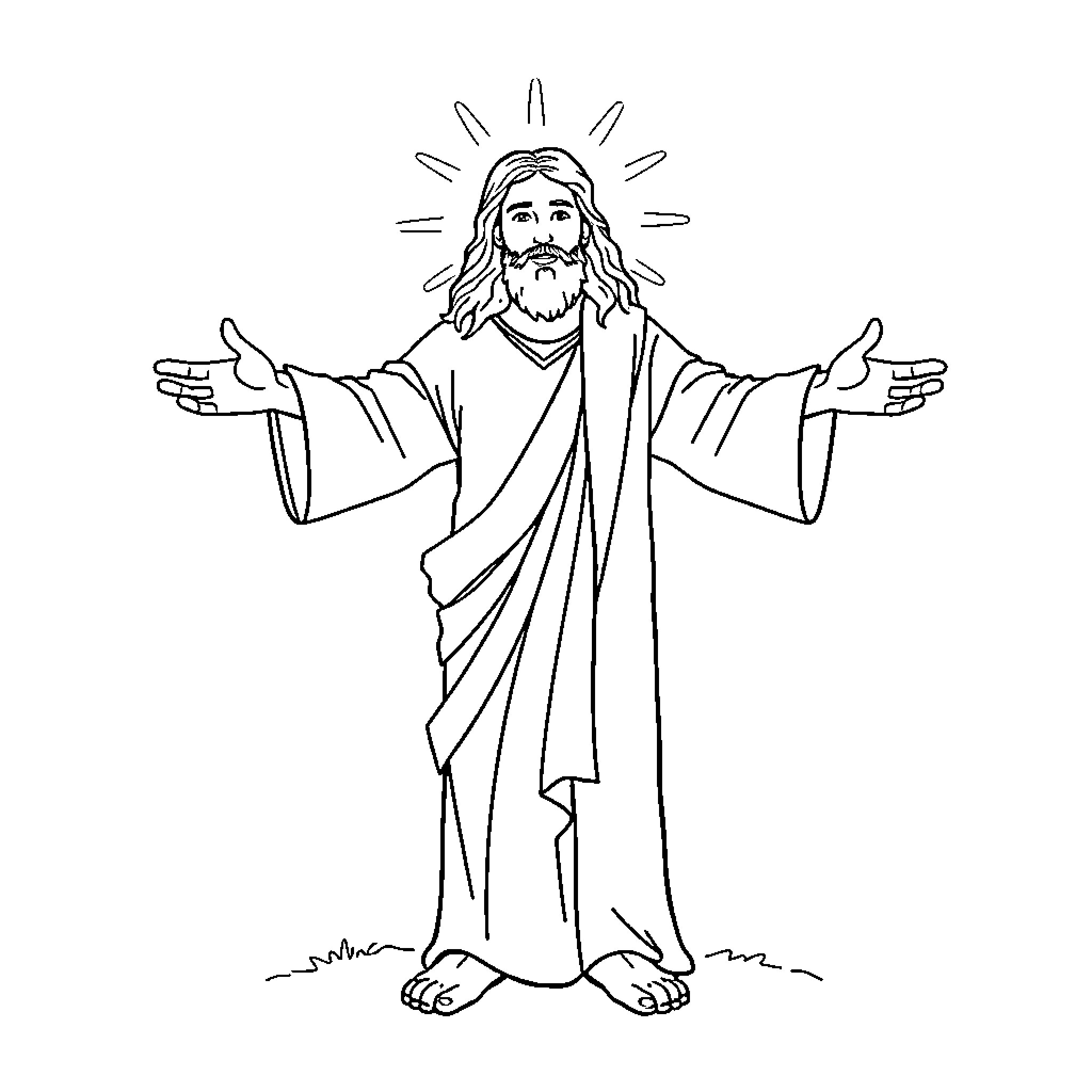 Jesus Offering Salvation with Outstretched Arms Coloring Page (free black-and-white line drawing printable PDF for all, from beginners to advanced learners, including children, teens, adults, and seniors)
