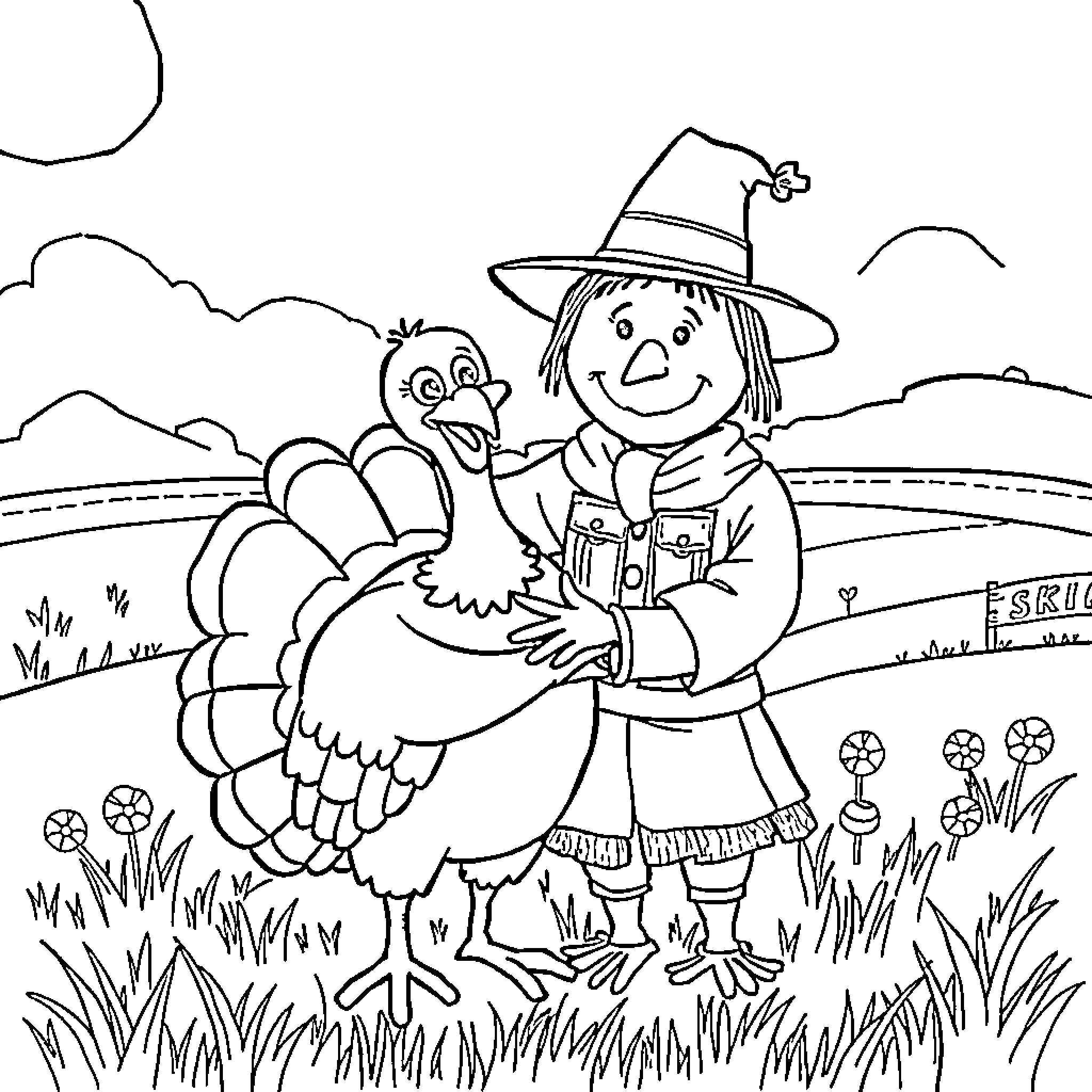 Turkey farmer with friendly turkey in the field Coloring Page (free black-and-white line drawing printable PDF for all, from beginners to advanced learners, including children, teens, adults, and seniors)