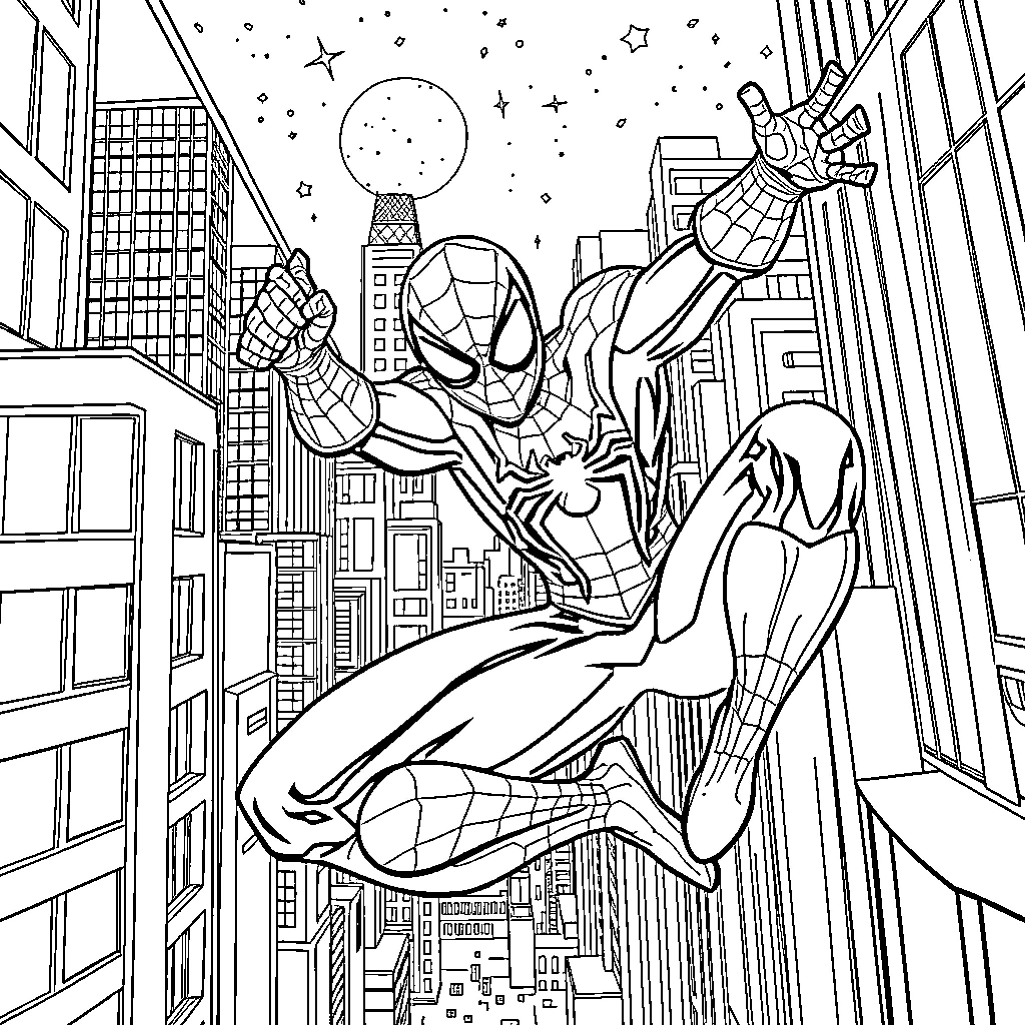 Spider-Man swinging through the city at night Coloring Page (free black-and-white line drawing printable PDF for all, from beginners to advanced learners, including children, teens, adults, and seniors)