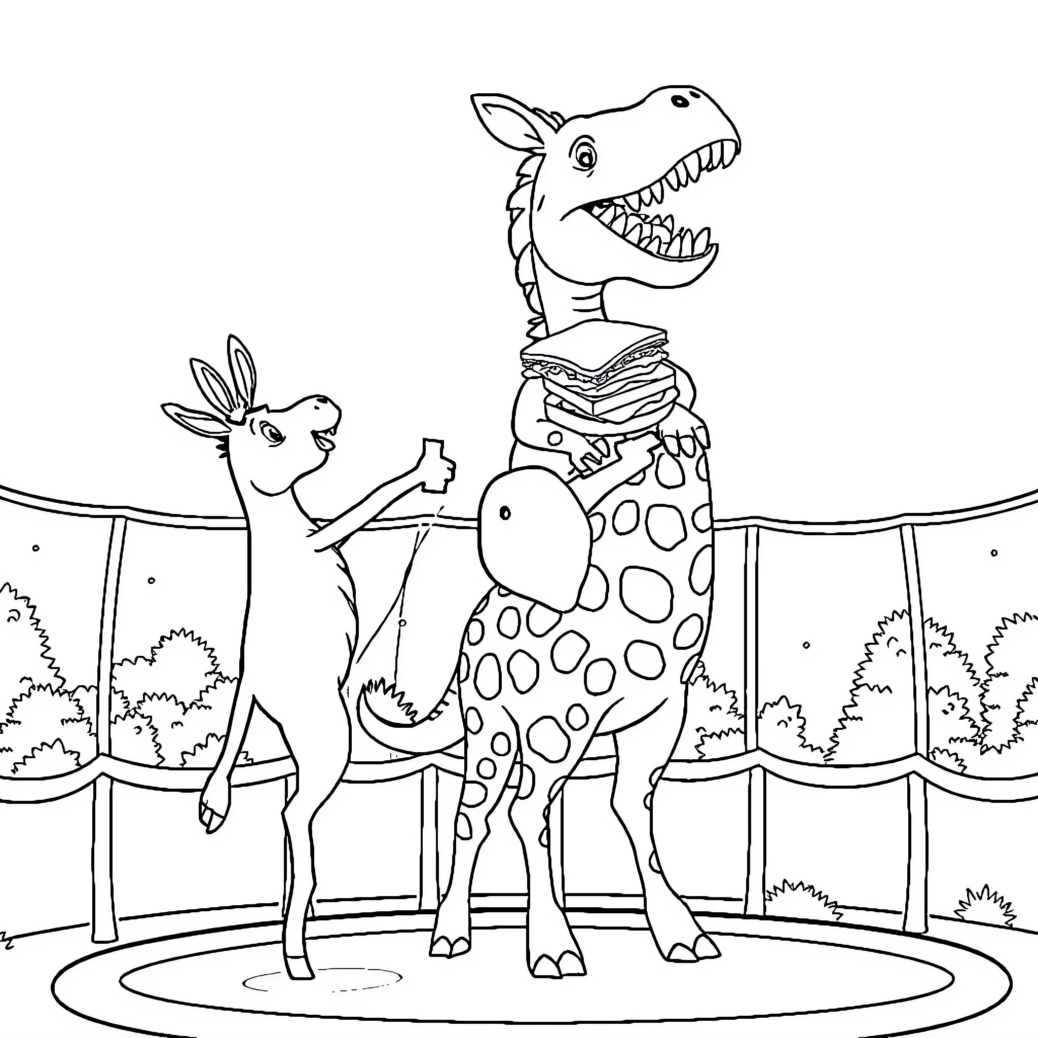 Donkey and rabbit performers in a circus act Coloring Page (free black-and-white line drawing printable PDF for all, from beginners to advanced learners, including children, teens, adults, and seniors)