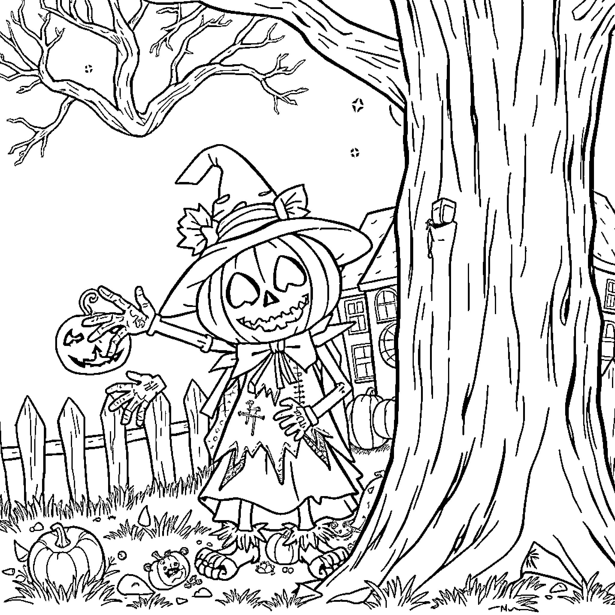 Pumpkin Scarecrow in Autumn Woodland Coloring Page (free black-and-white line drawing printable PDF for all, from beginners to advanced learners, including children, teens, adults, and seniors)