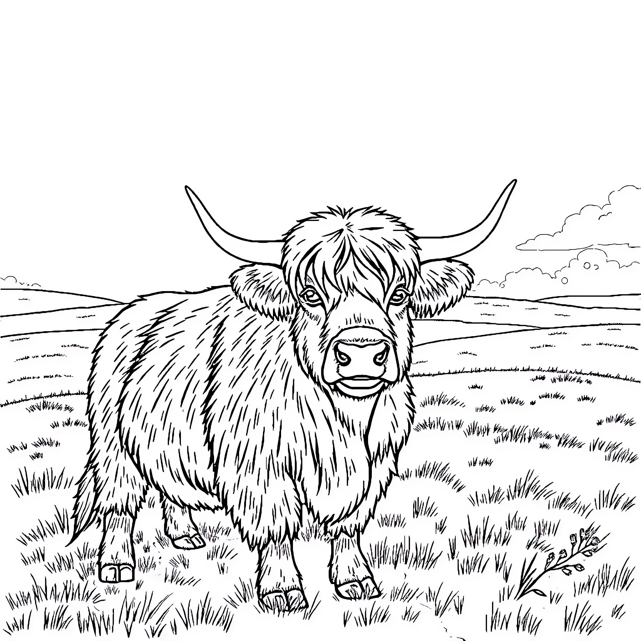 Highland Cow standing in grassy field Coloring Page (free black-and-white line drawing printable PDF for all, from beginners to advanced learners, including children, teens, adults, and seniors)