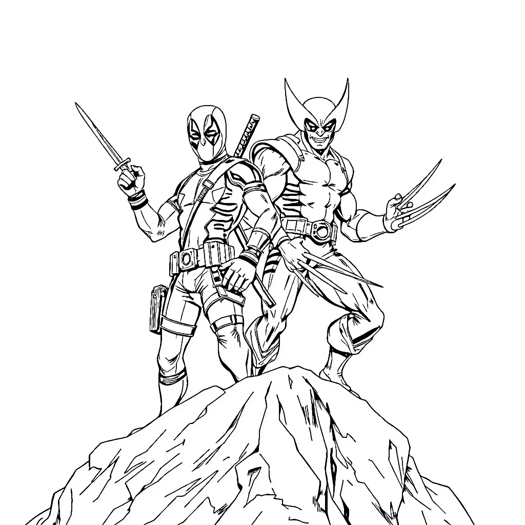 Deadpool and Wolverine on a Snowy Mountain Coloring Page (free black-and-white line drawing printable PDF for all, from beginners to advanced learners, including children, teens, adults, and seniors)