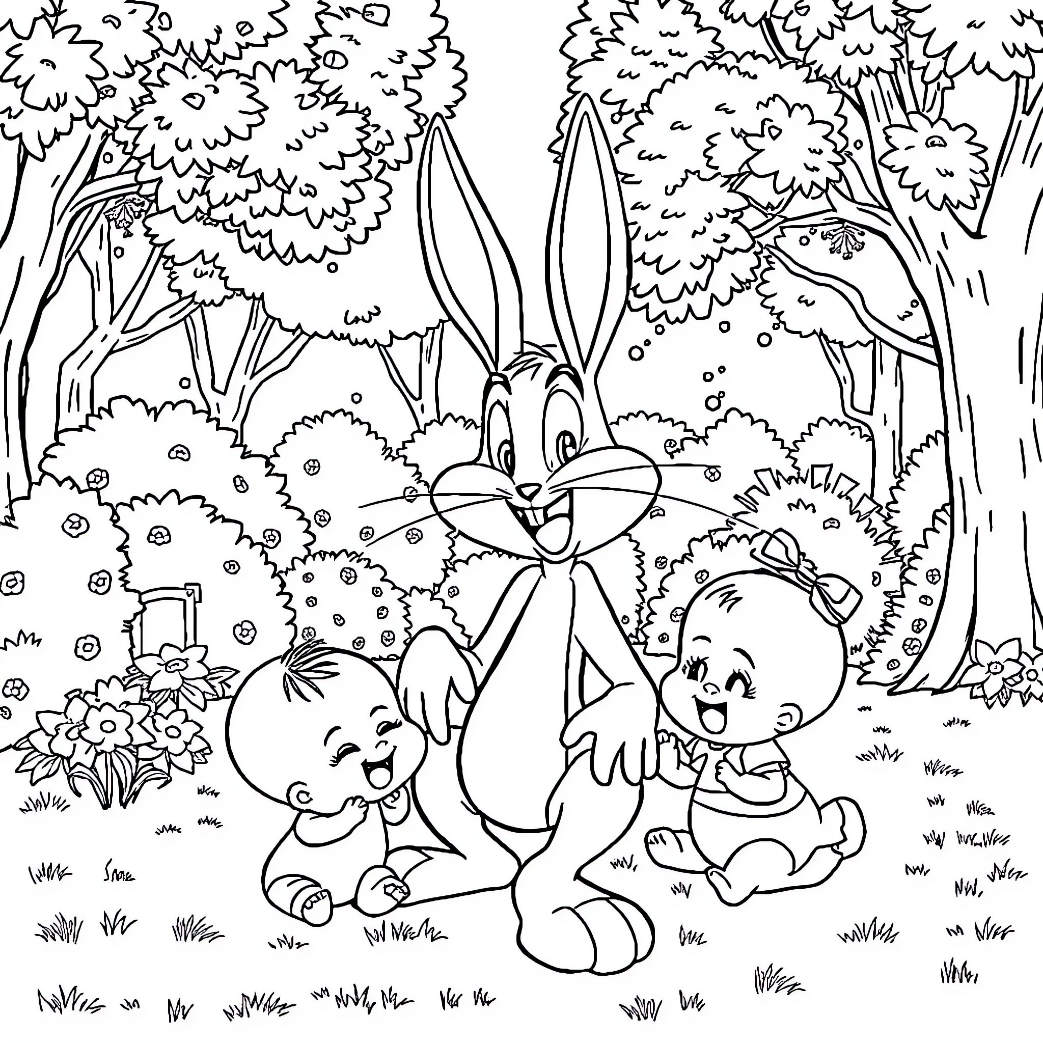 Bugs Bunny and friends enjoying the outdoors Coloring Page (free black-and-white line drawing printable PDF for all, from beginners to advanced learners, including children, teens, adults, and seniors)