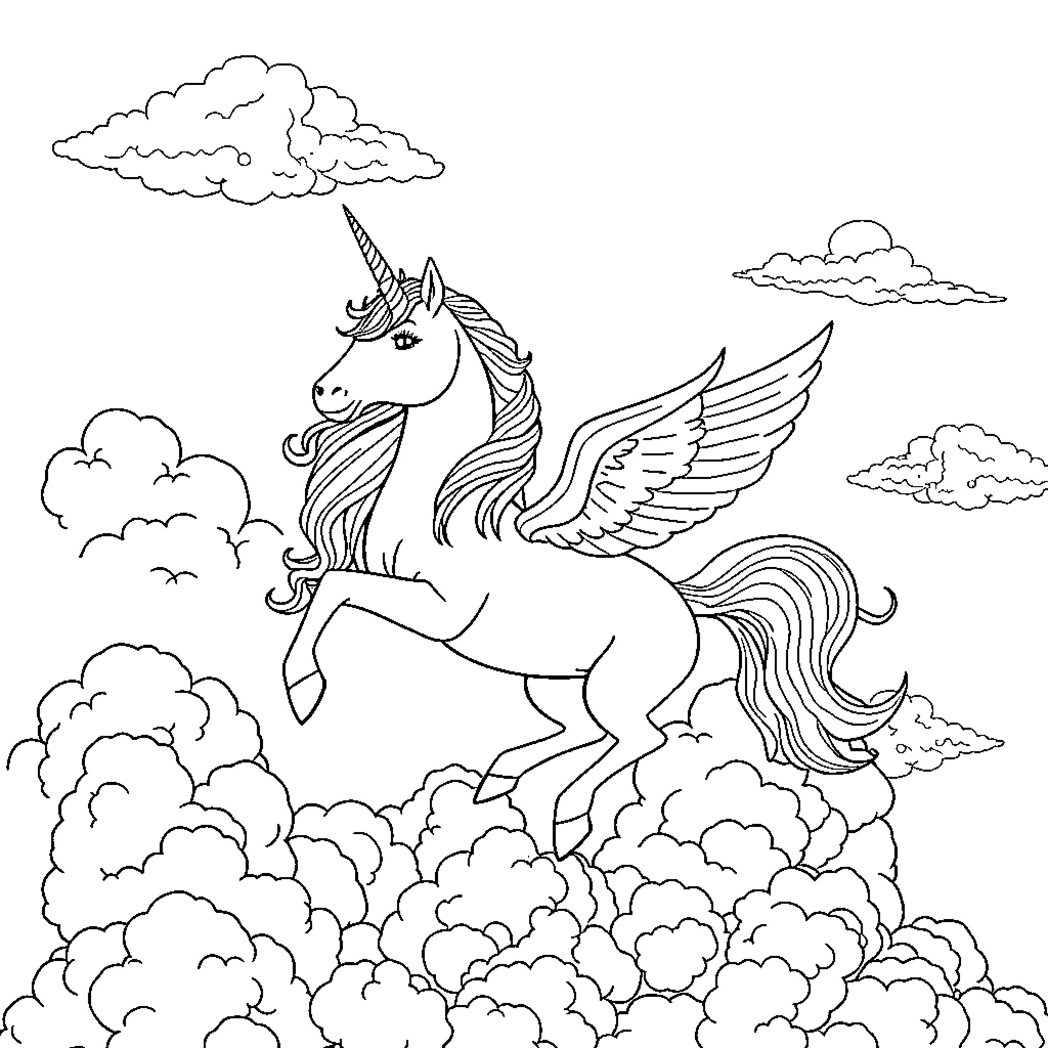 Unicorn soaring through the clouds with majestic wings Coloring Page (free black-and-white line drawing printable PDF for all, from beginners to advanced learners, including children, teens, adults, and seniors)