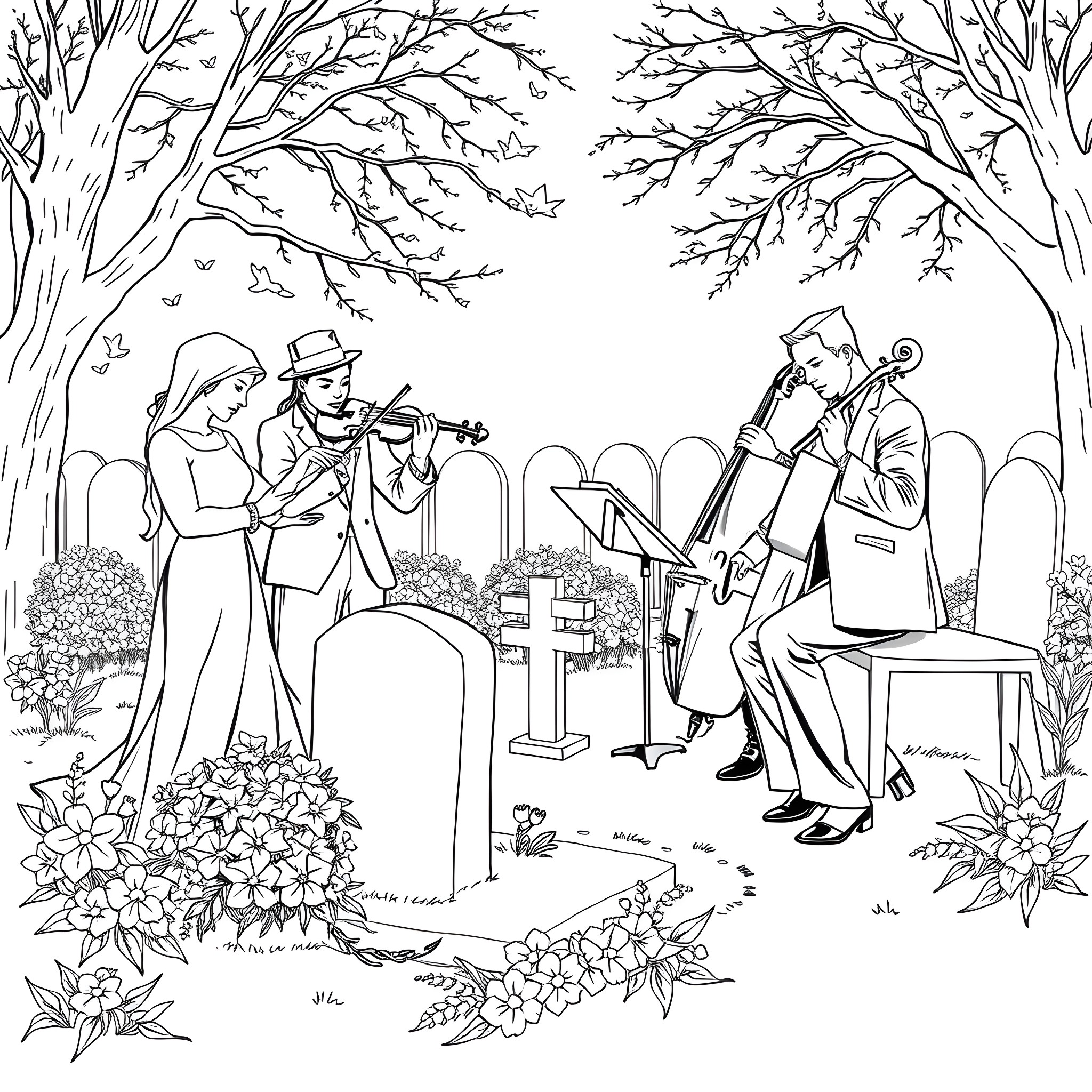 Band performing at a gravesite in the woods Coloring Page (free black-and-white line drawing printable PDF for all, from beginners to advanced learners, including children, teens, adults, and seniors)