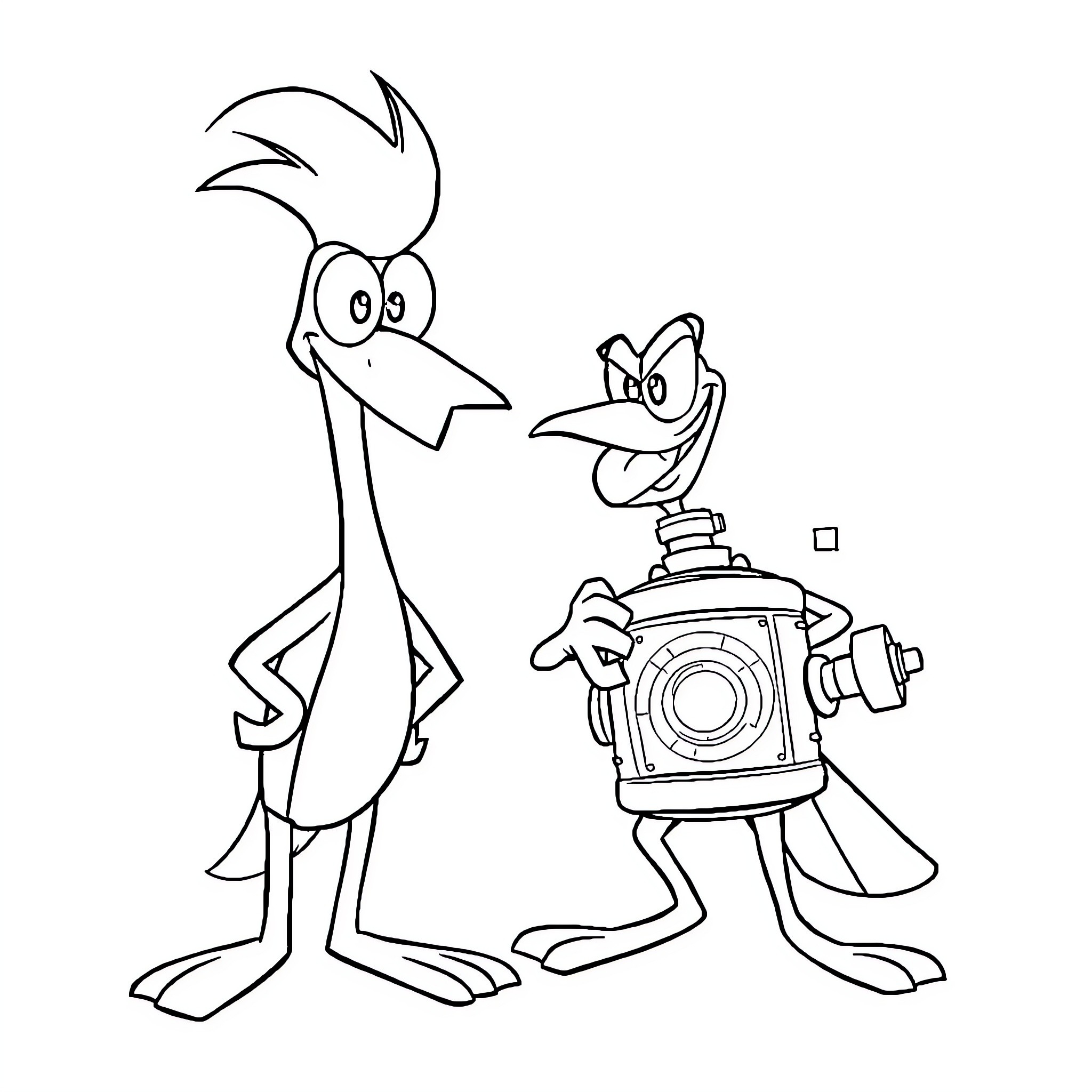 Perry's Playful Encounter with a Quirky Robot Coloring Page (free black-and-white line drawing printable PDF for all, from beginners to advanced learners, including children, teens, adults, and seniors)