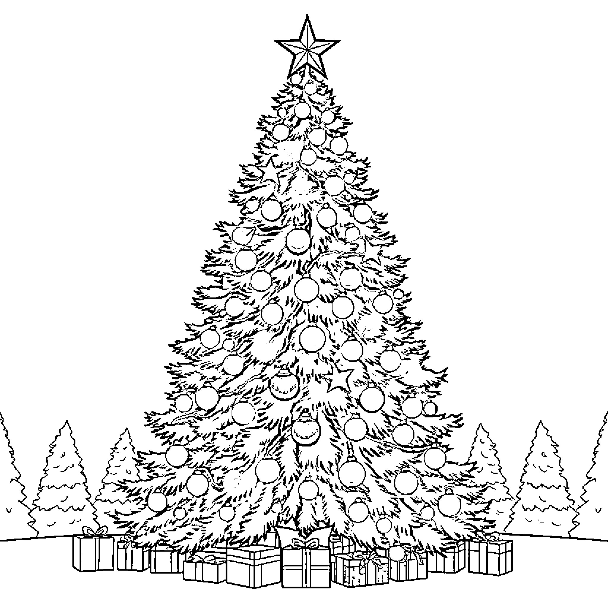 Christmas Tree Adorned with Ornaments and Presents Coloring Page (free black-and-white line drawing printable PDF for all, from beginners to advanced learners, including children, teens, adults, and seniors)