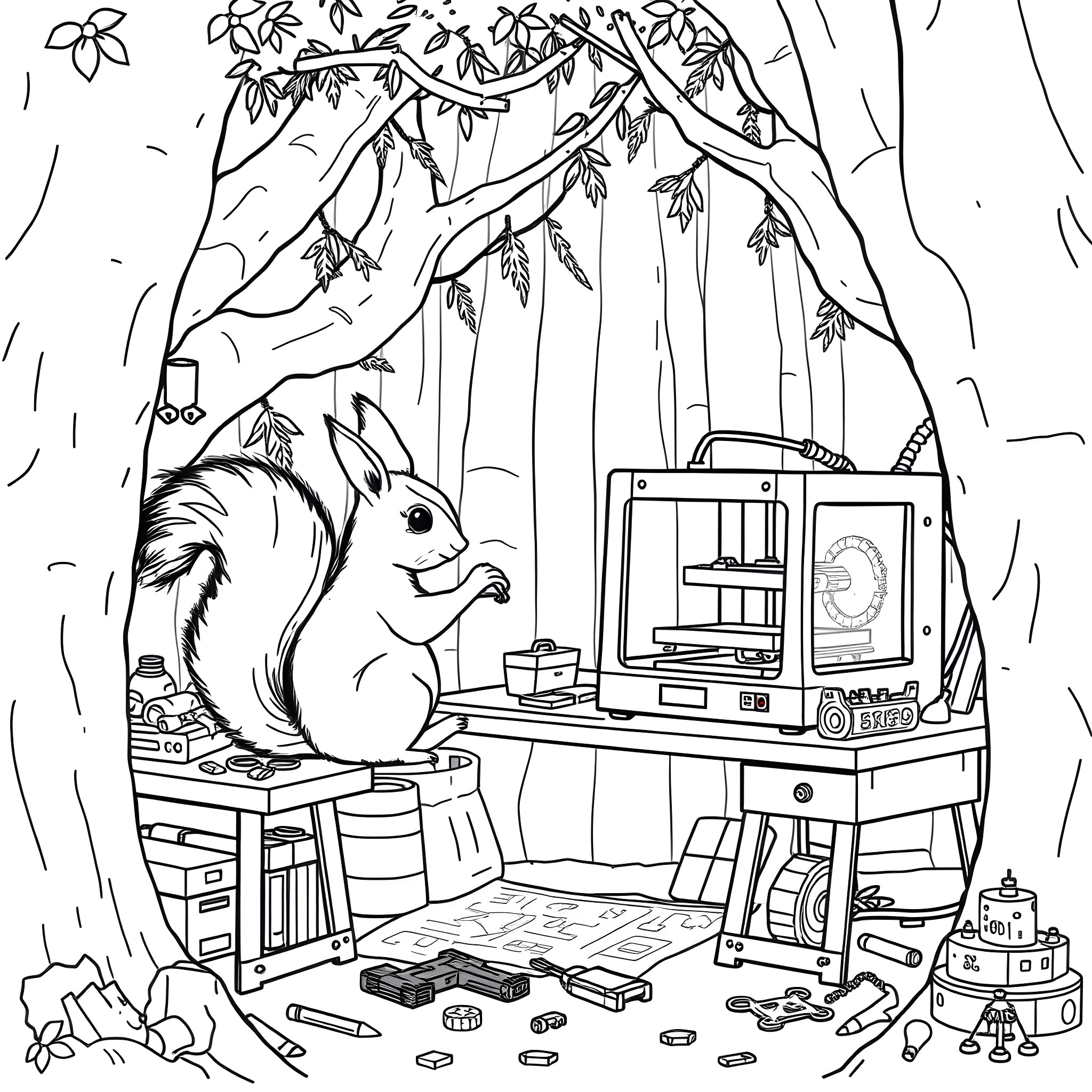 Squirrel enjoying 3D printing technology in the forest Coloring Page (free black-and-white line drawing printable PDF for all, from beginners to advanced learners, including children, teens, adults, and seniors)