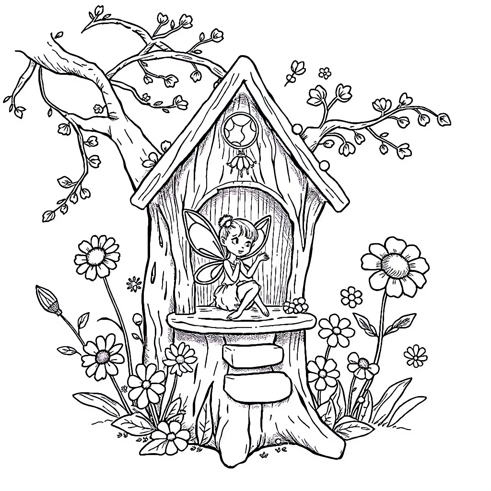 Fairy Resting in Enchanted Birdhouse Surrounded by Nature Coloring Page (free black-and-white line drawing printable PDF for all, from beginners to advanced learners, including children, teens, adults, and seniors)