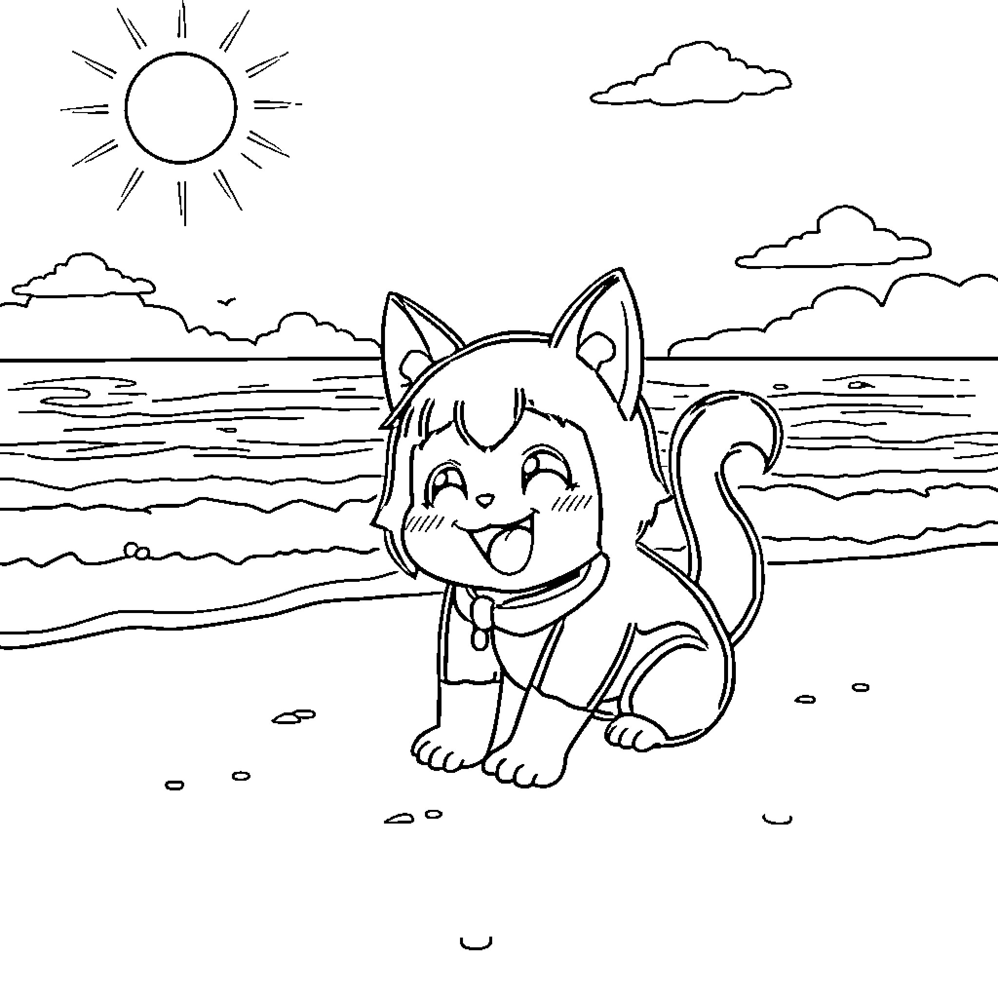 Nezuko playing happily on the beach Coloring Page (free black-and-white line drawing printable PDF for all, from beginners to advanced learners, including children, teens, adults, and seniors)