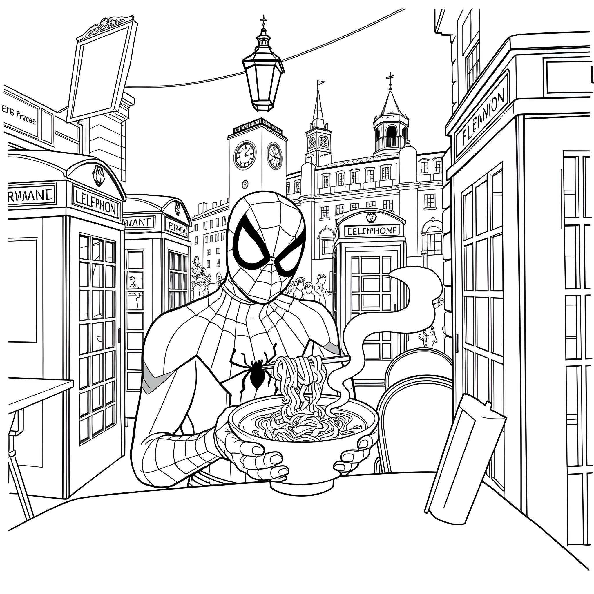 Spiderman enjoying a meal in the city Coloring Page (free black-and-white line drawing printable PDF for all, from beginners to advanced learners, including children, teens, adults, and seniors)