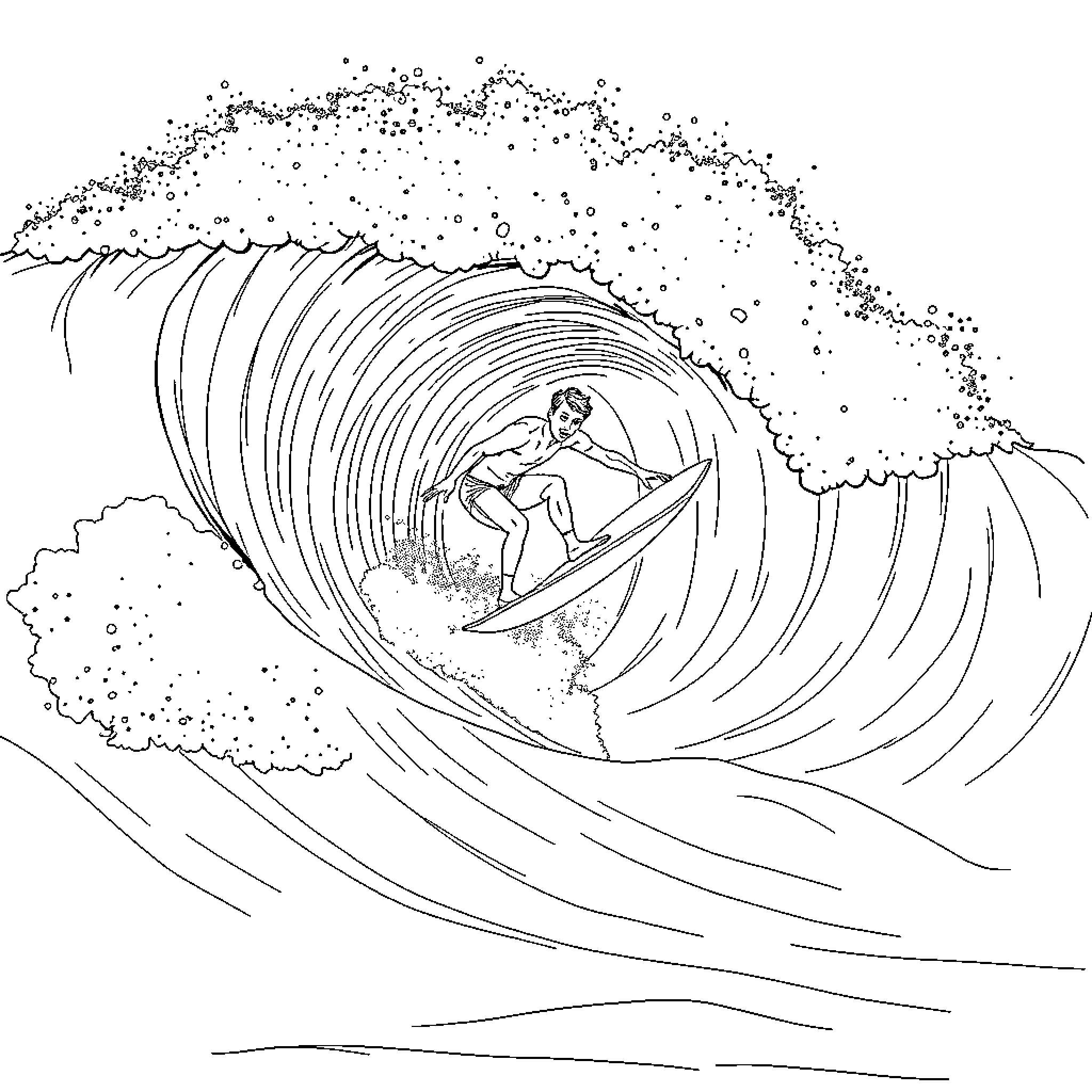 Surfer riding a massive wave Coloring Page (free black-and-white line drawing printable PDF for all, from beginners to advanced learners, including children, teens, adults, and seniors)