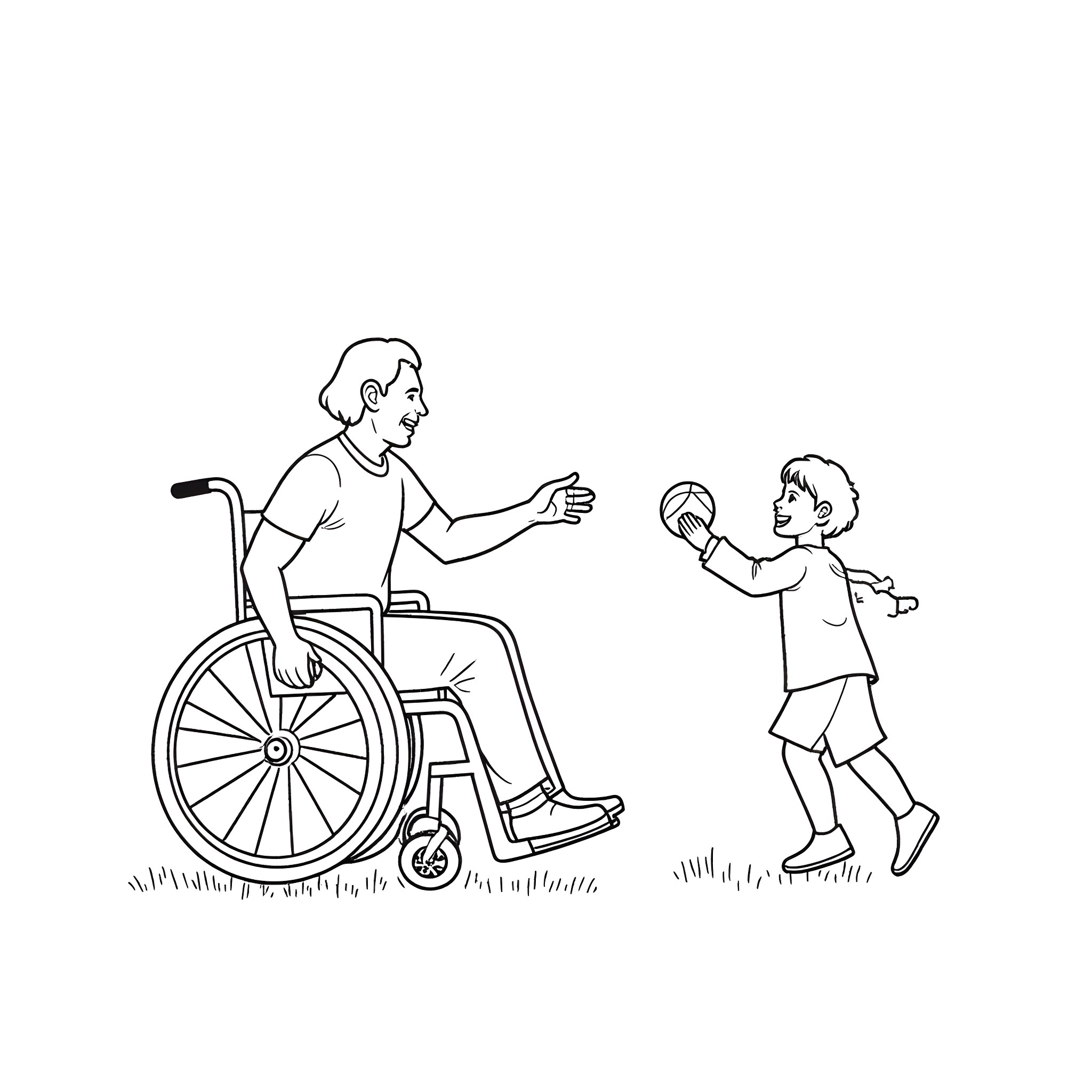 Wheelchair user playing with child outdoors Coloring Page (free black-and-white line drawing printable PDF for all, from beginners to advanced learners, including children, teens, adults, and seniors)