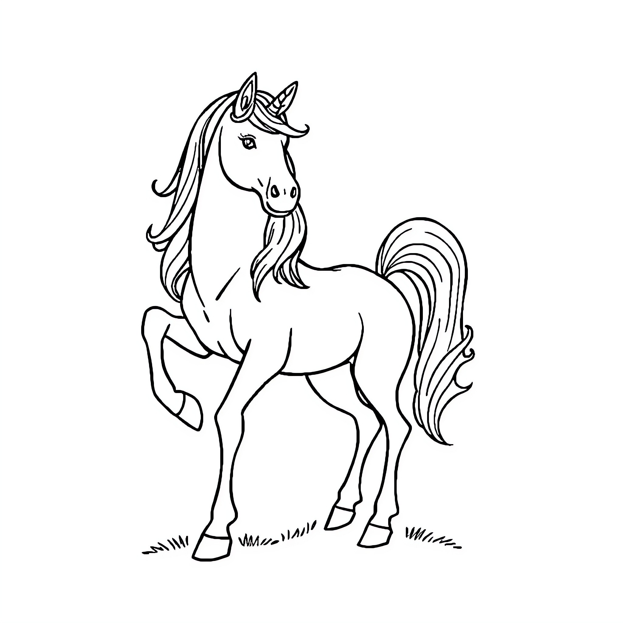 Unicorn standing majestically on grassy field Coloring Page (free black-and-white line drawing printable PDF for all, from beginners to advanced learners, including children, teens, adults, and seniors)