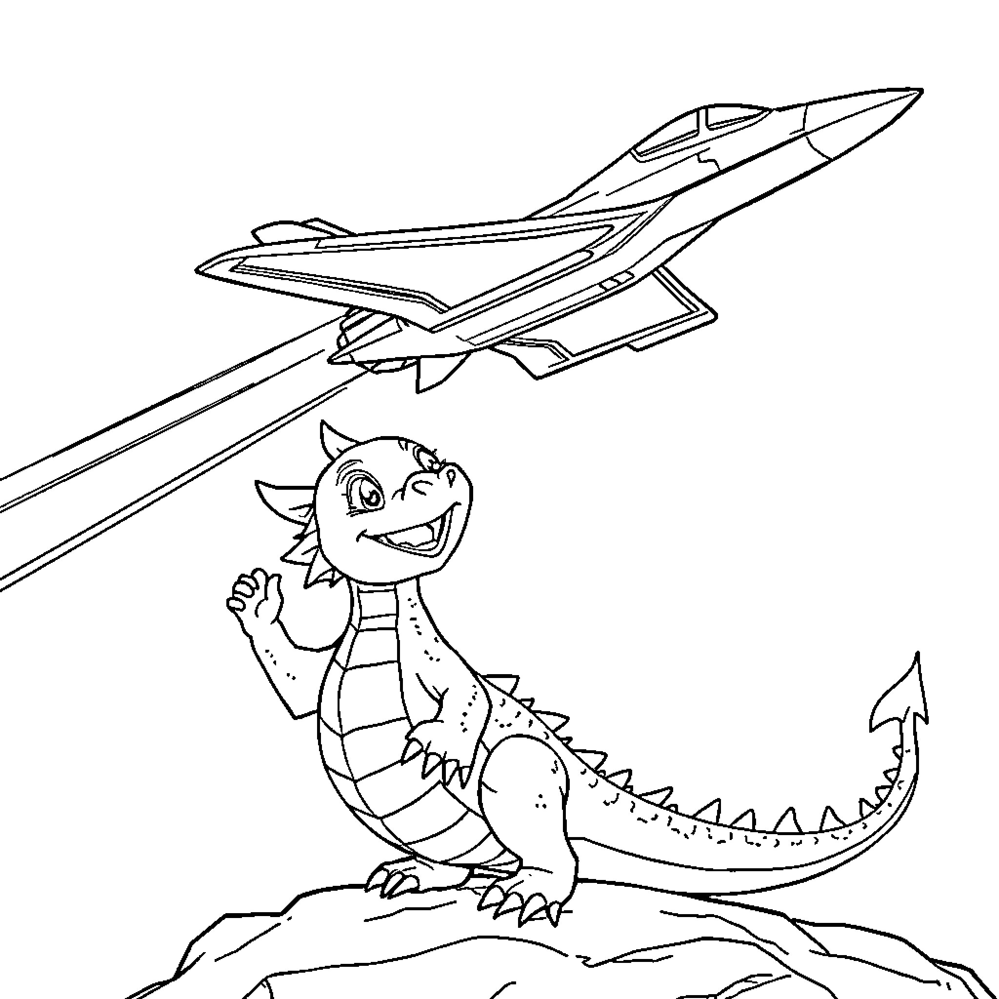Dragon pilot rides rocket-propelled dinosaur Coloring Page (free black-and-white line drawing printable PDF for all, from beginners to advanced learners, including children, teens, adults, and seniors)