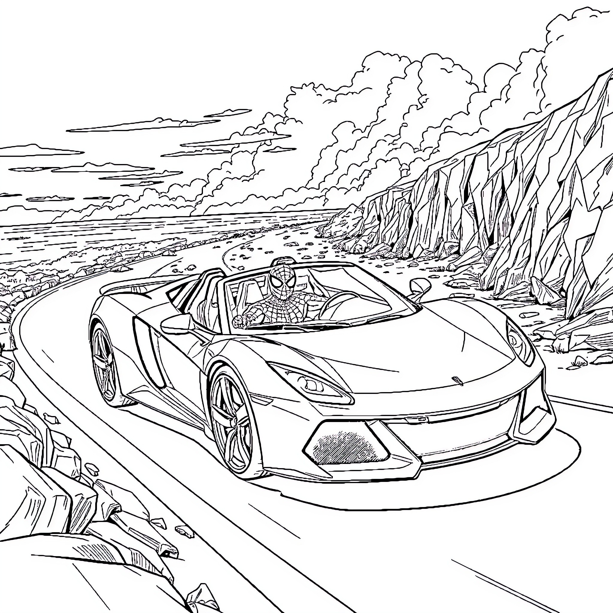 Spidey's supercar adventure on the coastal cliffs Coloring Page (free black-and-white line drawing printable PDF for all, from beginners to advanced learners, including children, teens, adults, and seniors)