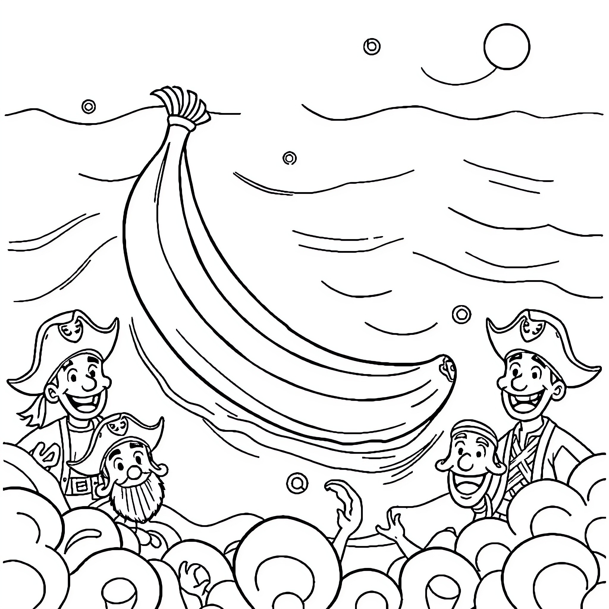 Banana Pirates Celebrate Bountiful Harvest at Sea Coloring Page (free black-and-white line drawing printable PDF for all, from beginners to advanced learners, including children, teens, adults, and seniors)
