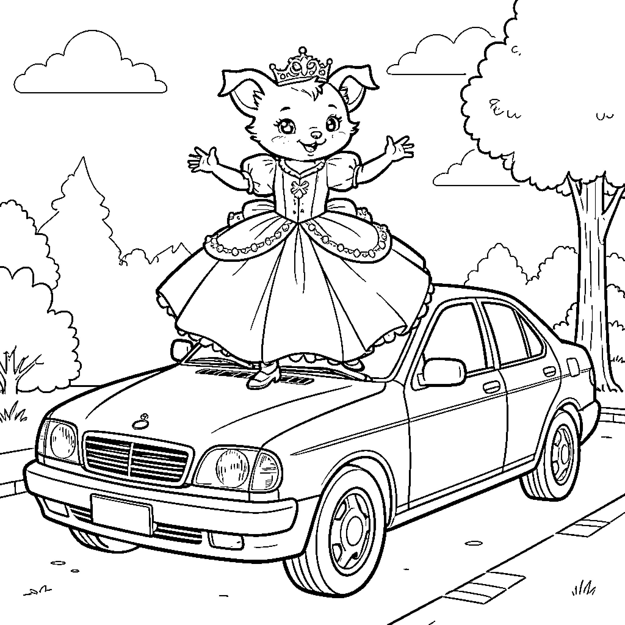 Carlin wearing a princess dress standing on a car Coloring Page (free black-and-white line drawing printable PDF for all, from beginners to advanced learners, including children, teens, adults, and seniors)
