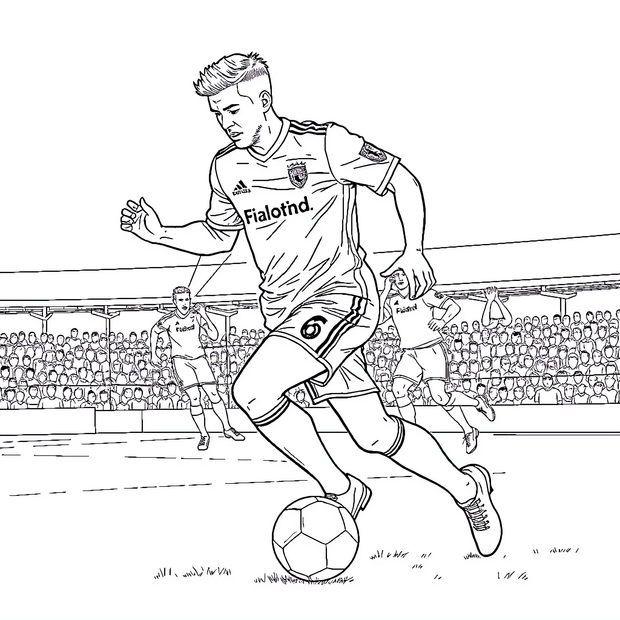 Steven Gerrard in action on the soccer field Coloring Page (free black-and-white line drawing printable PDF for all, from beginners to advanced learners, including children, teens, adults, and seniors)