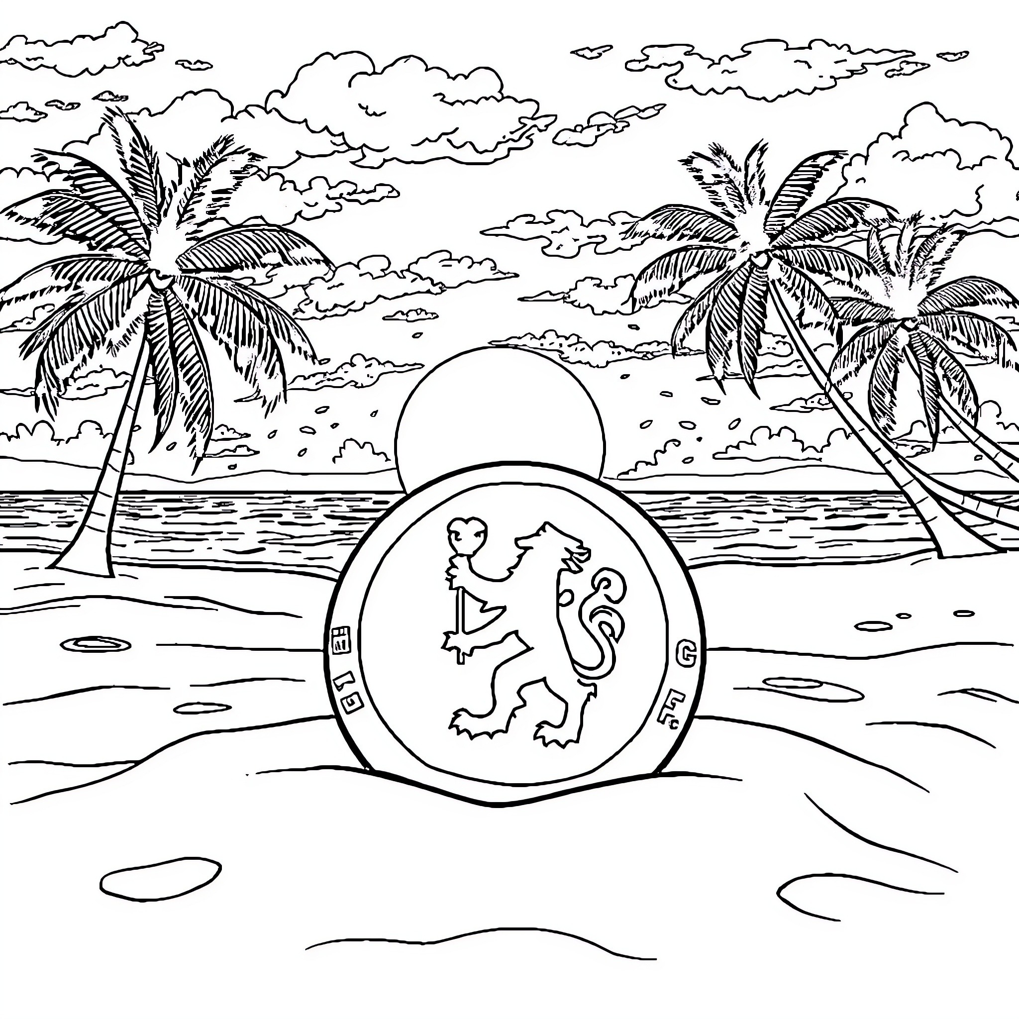 Football Scenic Beach with Palm Trees and Sunset Coloring Page (free black-and-white line drawing printable PDF for all, from beginners to advanced learners, including children, teens, adults, and seniors)