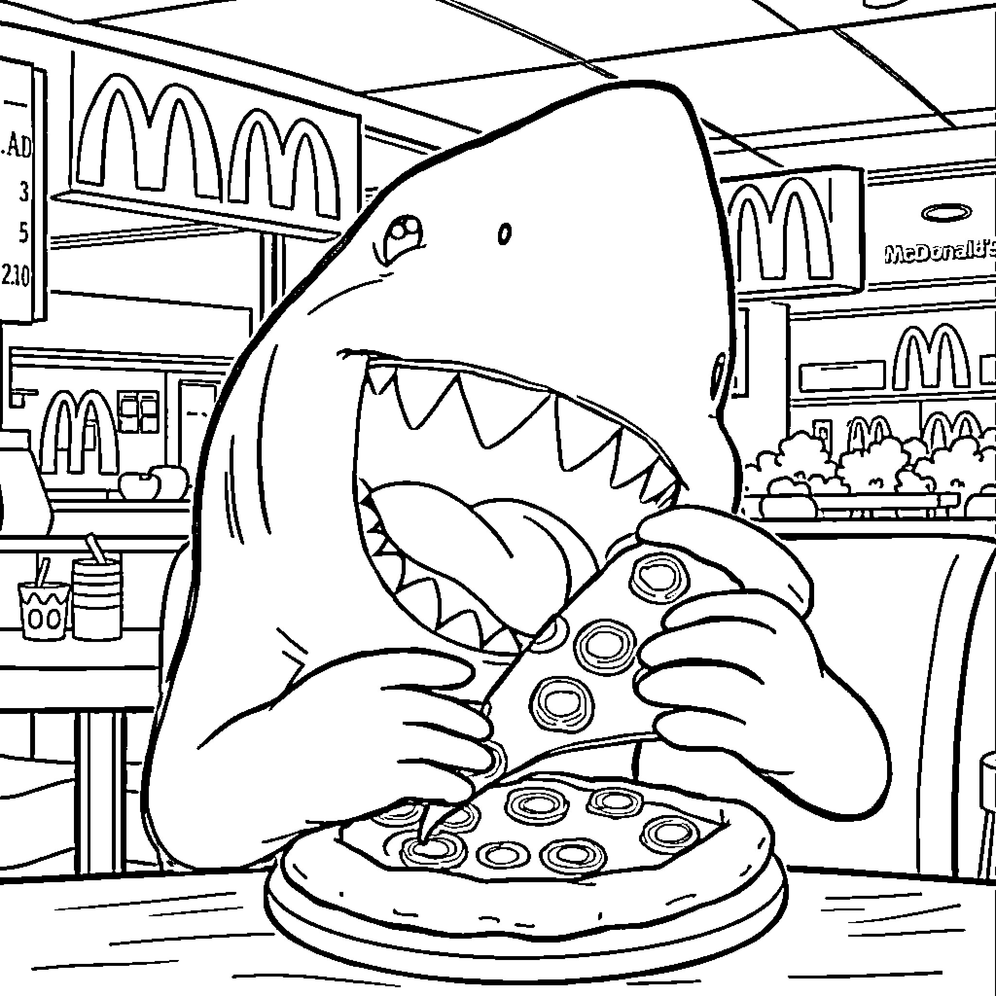 Shark eating a pizza in a fast food restaurant Coloring Page (free black-and-white line drawing printable PDF for all, from beginners to advanced learners, including children, teens, adults, and seniors)