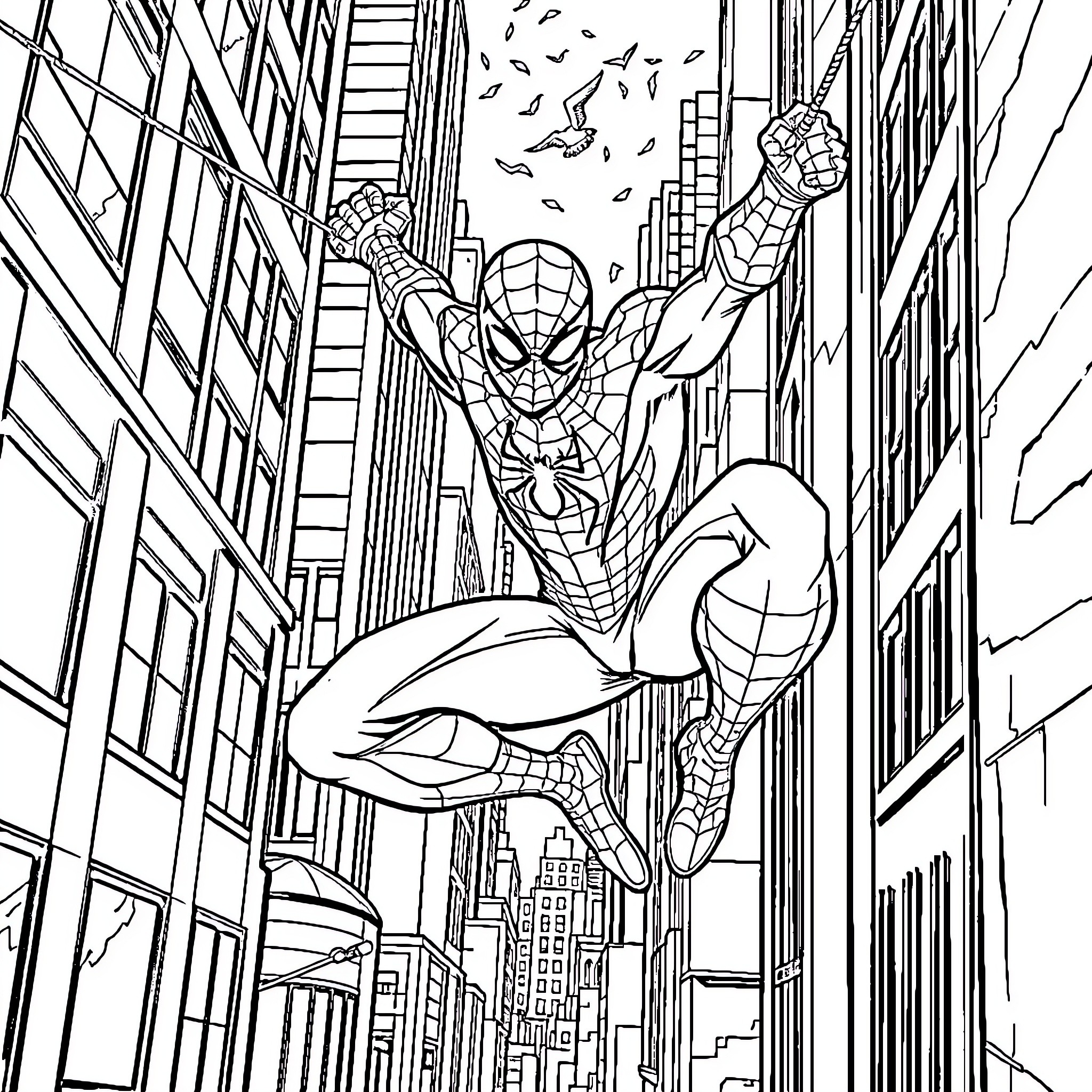 Spider-Man swinging through the city streets Coloring Page (free black-and-white line drawing printable PDF for all, from beginners to advanced learners, including children, teens, adults, and seniors)