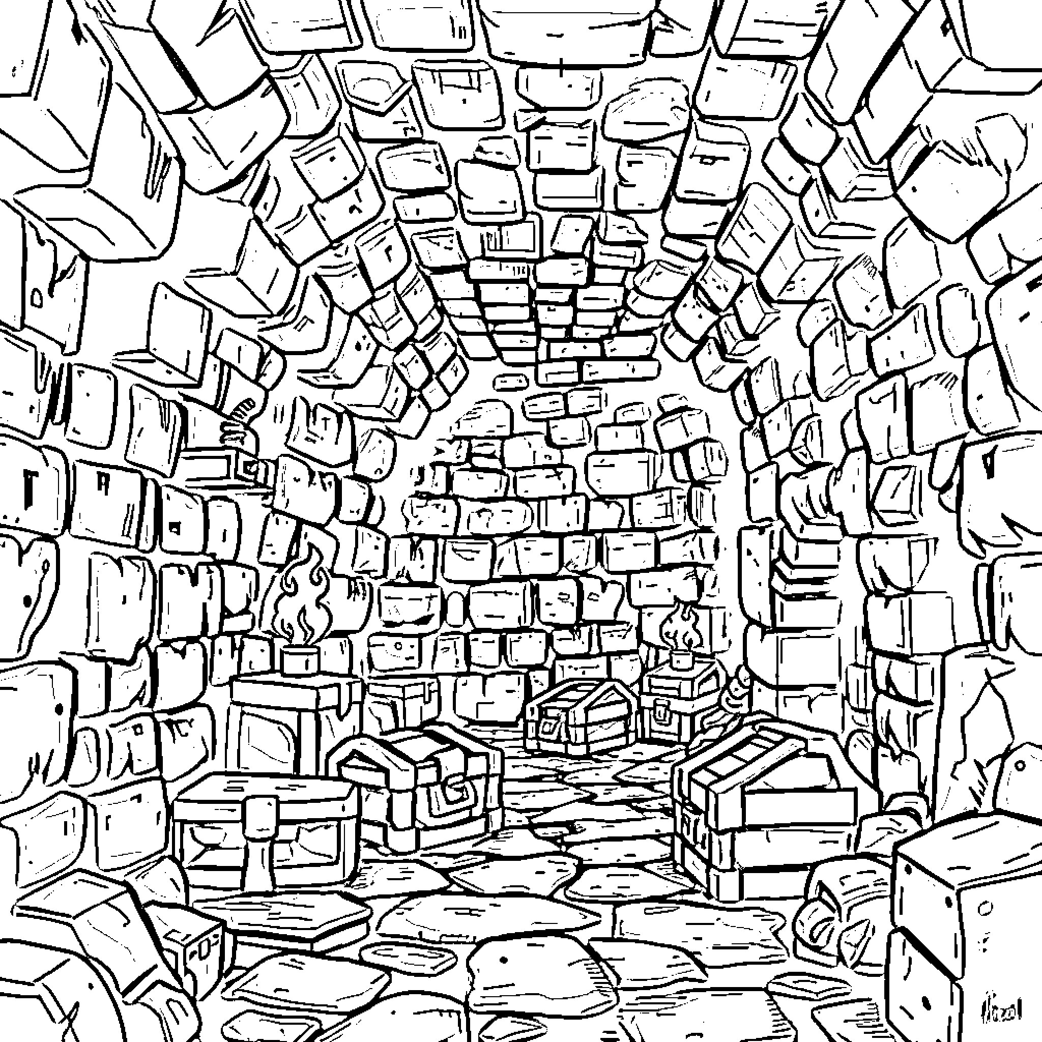 Dungeon Filled with Mysterious Crates and Boxes Coloring Page (free black-and-white line drawing printable PDF for all, from beginners to advanced learners, including children, teens, adults, and seniors)