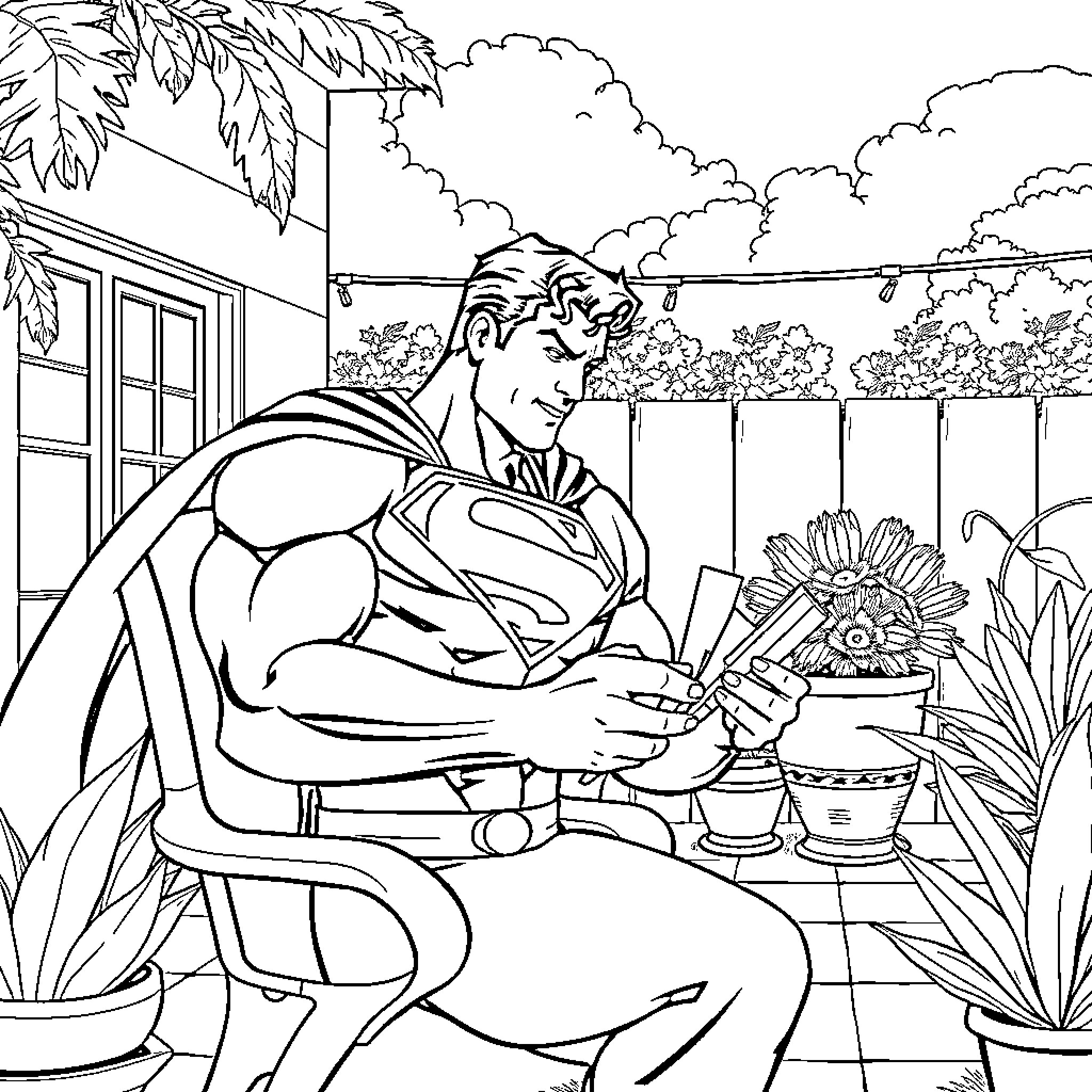 Superman relaxing in a peaceful garden setting Coloring Page (free black-and-white line drawing printable PDF for all, from beginners to advanced learners, including children, teens, adults, and seniors)