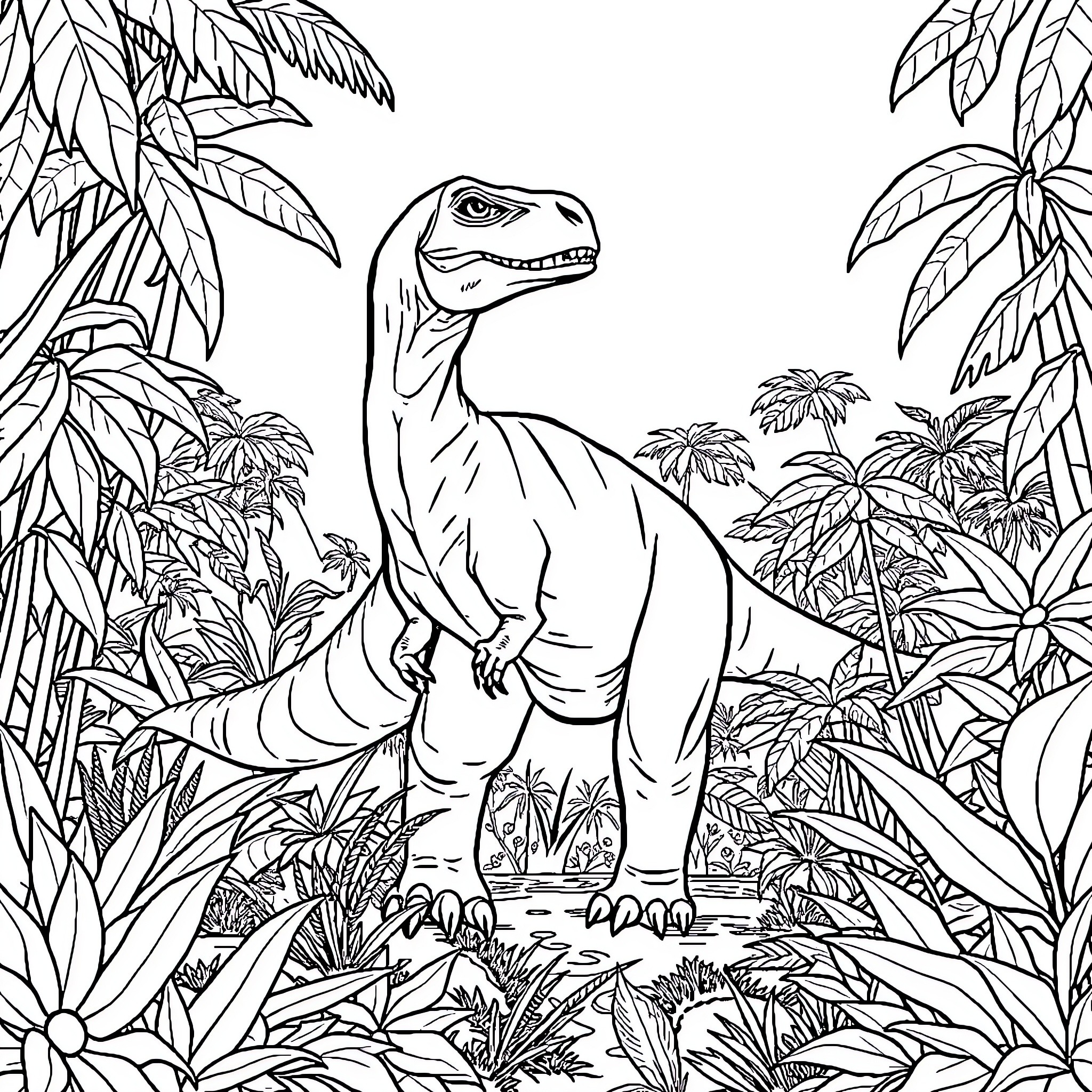 Dinosaur in a lush tropical jungle landscape Coloring Page (free black-and-white line drawing printable PDF for all, from beginners to advanced learners, including children, teens, adults, and seniors)