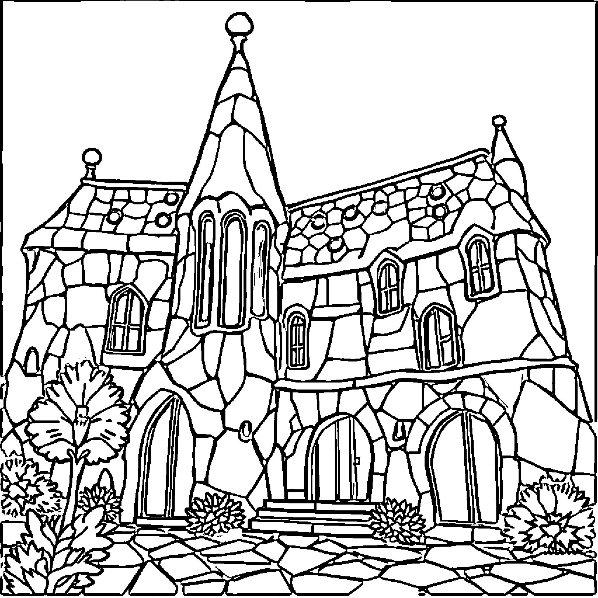 Trencadis - Ornate Architectural Mosaic Scene Coloring Page (free black-and-white line drawing printable PDF for all, from beginners to advanced learners, including children, teens, adults, and seniors)