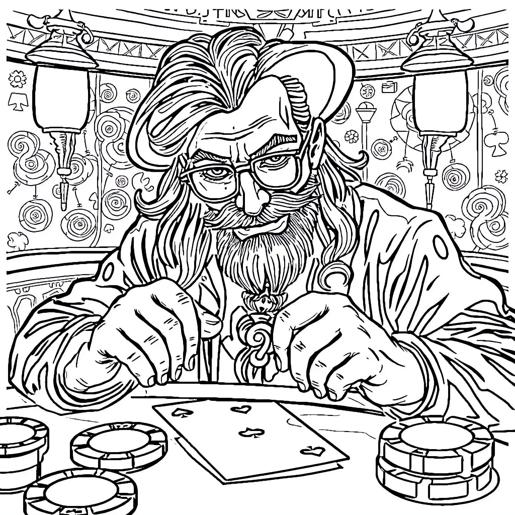Poker Player with Expressive Face and Decorative Background Coloring Page (free black-and-white line drawing printable PDF for all, from beginners to advanced learners, including children, teens, adults, and seniors)