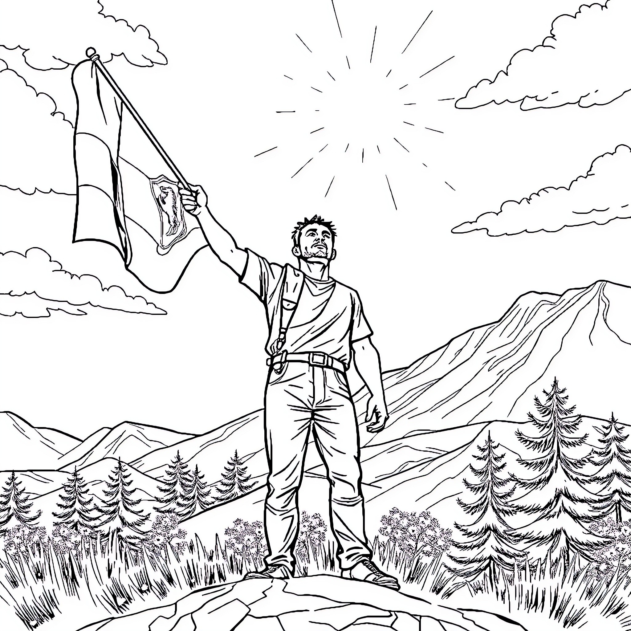 Man holding flag in triumphant pose on mountain Coloring Page (free black-and-white line drawing printable PDF for all, from beginners to advanced learners, including children, teens, adults, and seniors)