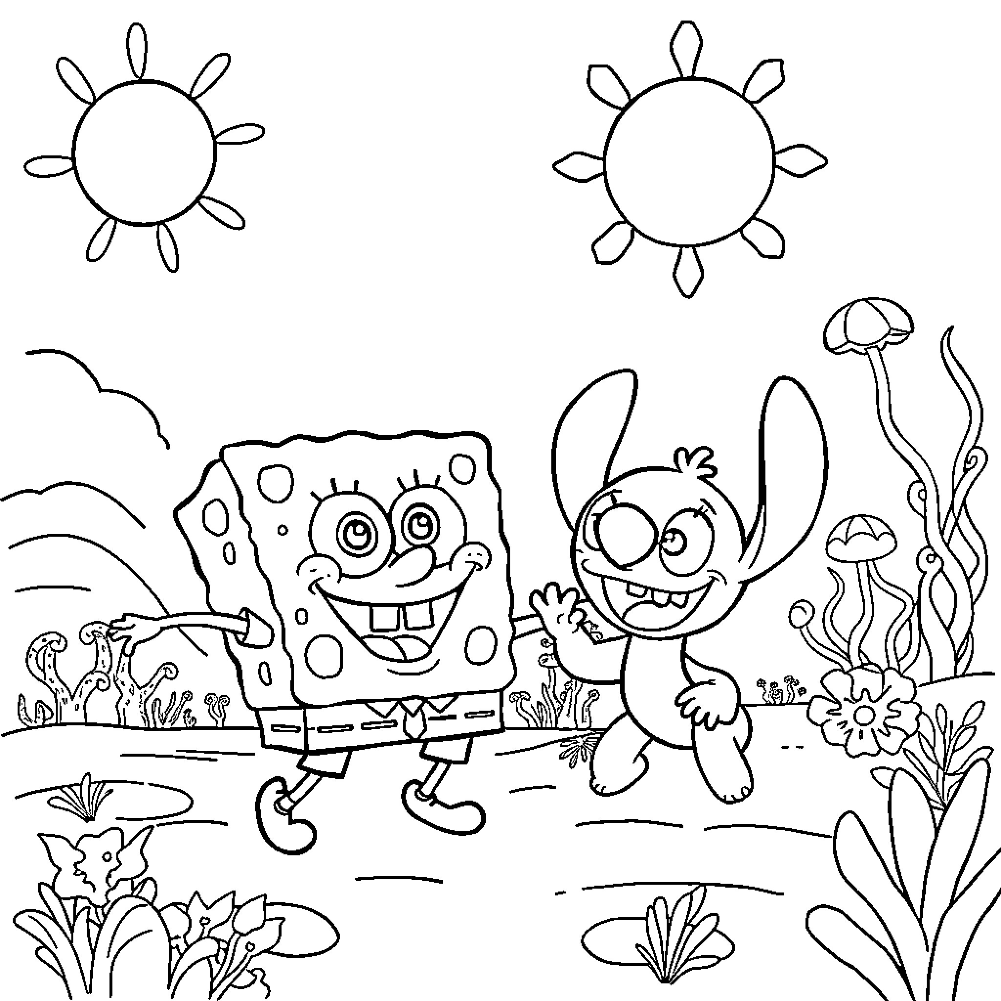 Spongebob and Stitch playing in the nature scene Coloring Page (free black-and-white line drawing printable PDF for all, from beginners to advanced learners, including children, teens, adults, and seniors)
