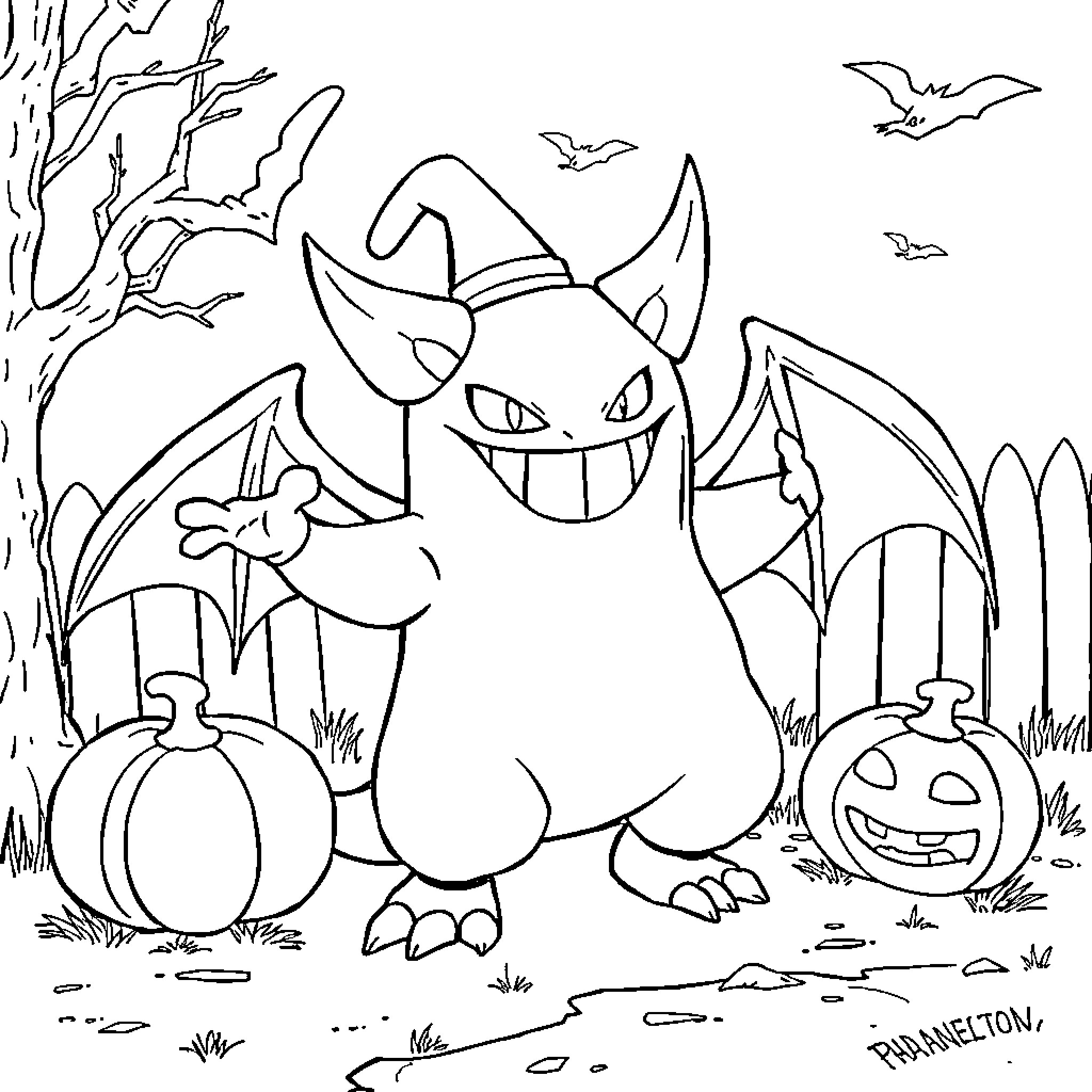 Gengar enjoying a spooky Halloween scene Coloring Page (free black-and-white line drawing printable PDF for all, from beginners to advanced learners, including children, teens, adults, and seniors)