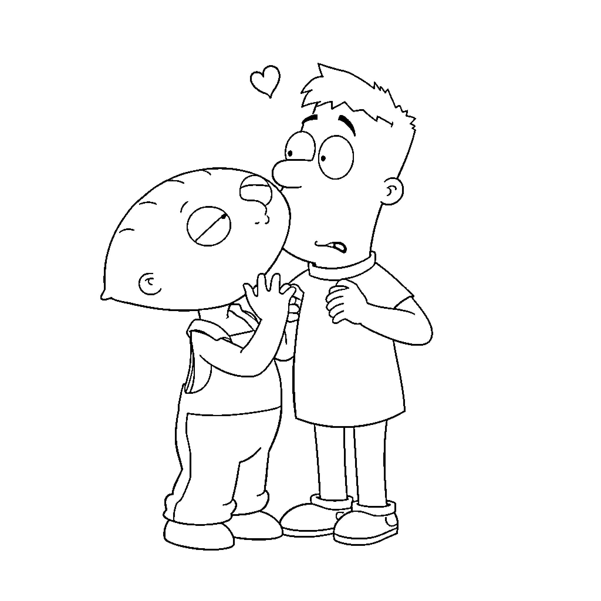 Stewie and Brian Sharing Affection Coloring Page (free black-and-white line drawing printable PDF for all, from beginners to advanced learners, including children, teens, adults, and seniors)