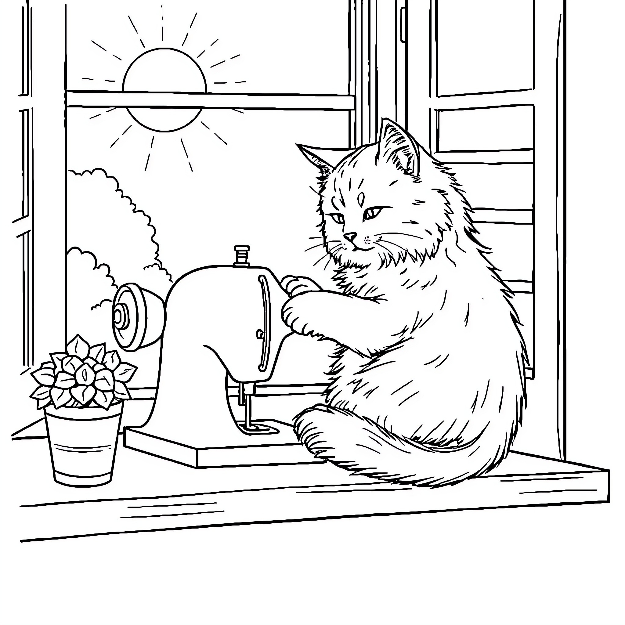 Cat sewing in sunny window Coloring Page (free black-and-white line drawing printable PDF for all, from beginners to advanced learners, including children, teens, adults, and seniors)