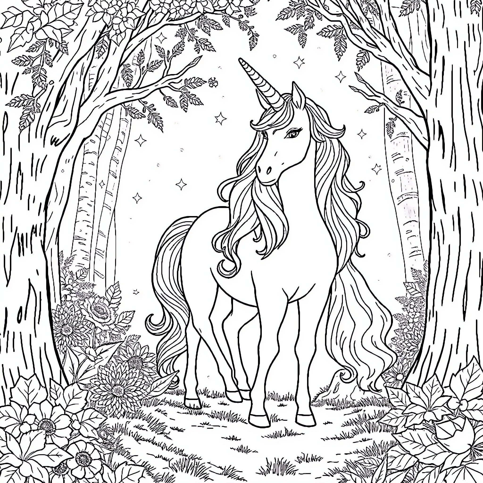 Unicorn standing majestically in the enchanted forest Coloring Page (free black-and-white line drawing printable PDF for all, from beginners to advanced learners, including children, teens, adults, and seniors)
