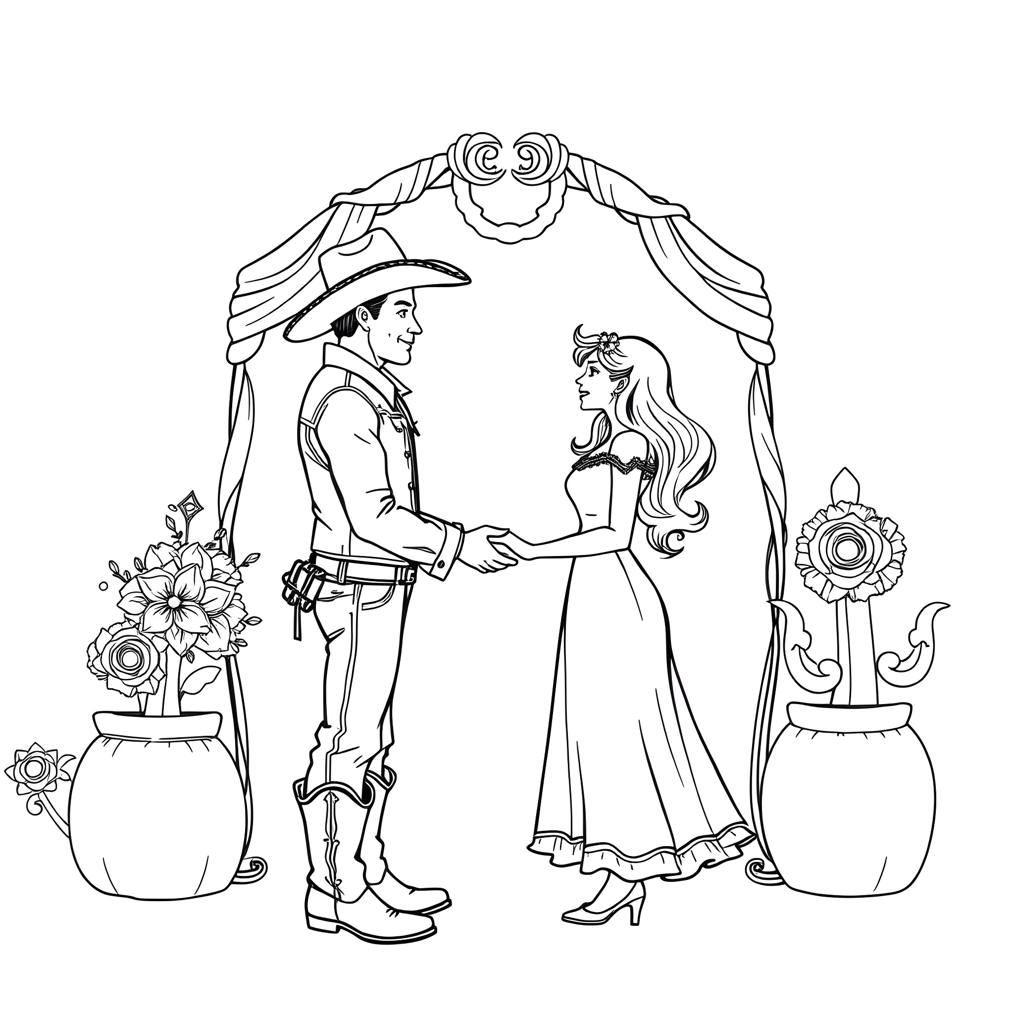 Cowboy and cowgirl dancing at the wedding altar Coloring Page (free black-and-white line drawing printable PDF for all, from beginners to advanced learners, including children, teens, adults, and seniors)