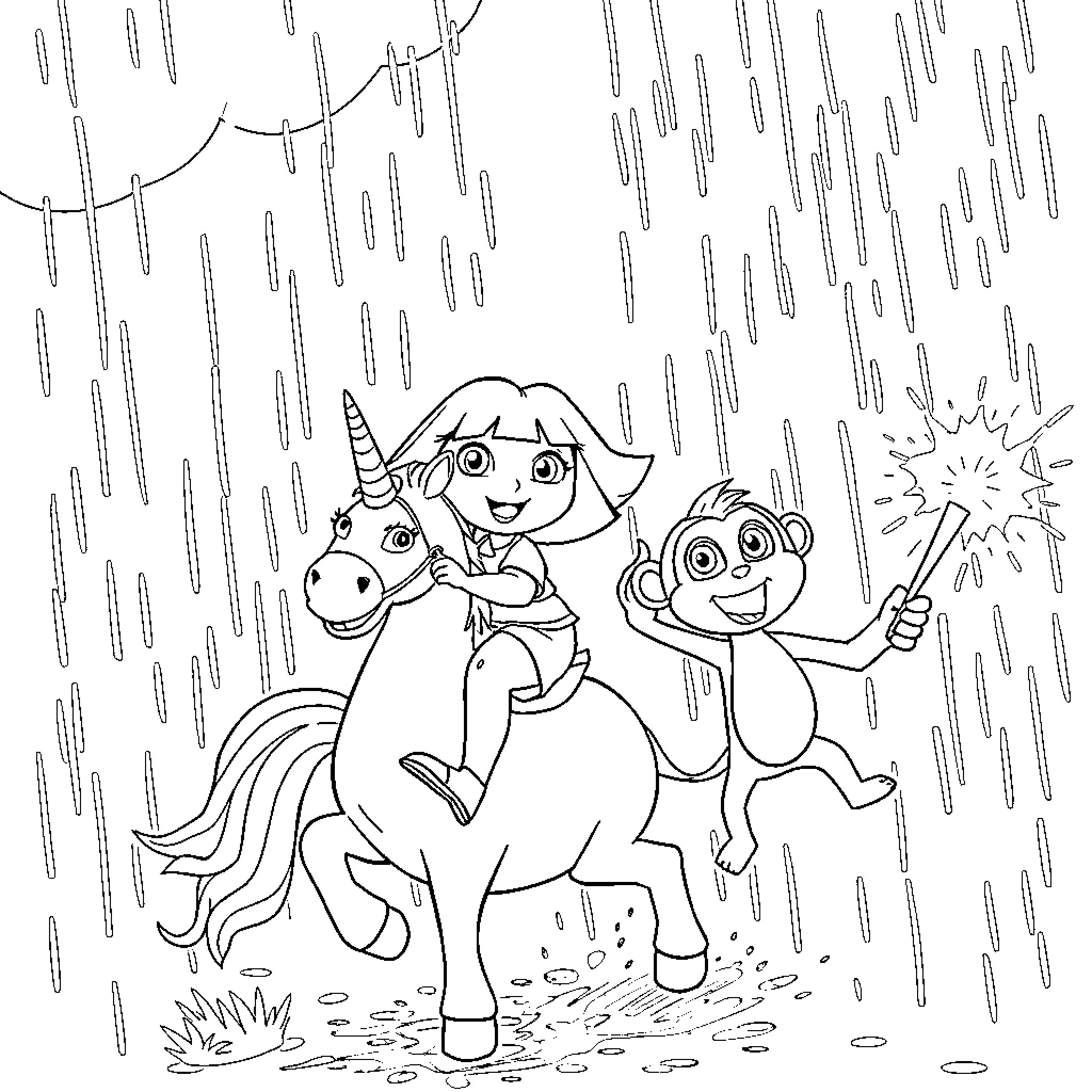 Dora Explores the Rainy Day with Friends Coloring Page (free black-and-white line drawing printable PDF for all, from beginners to advanced learners, including children, teens, adults, and seniors)